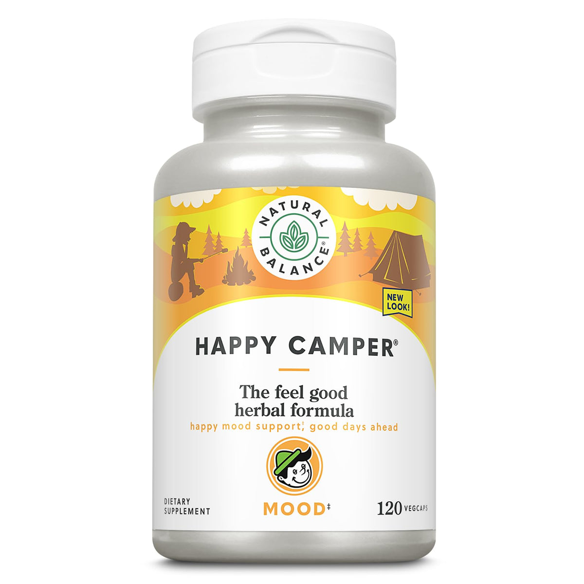 Natural Balance Happy Camper, bouteille de capsules, soutien potentiel à l'humeur dans la routine.