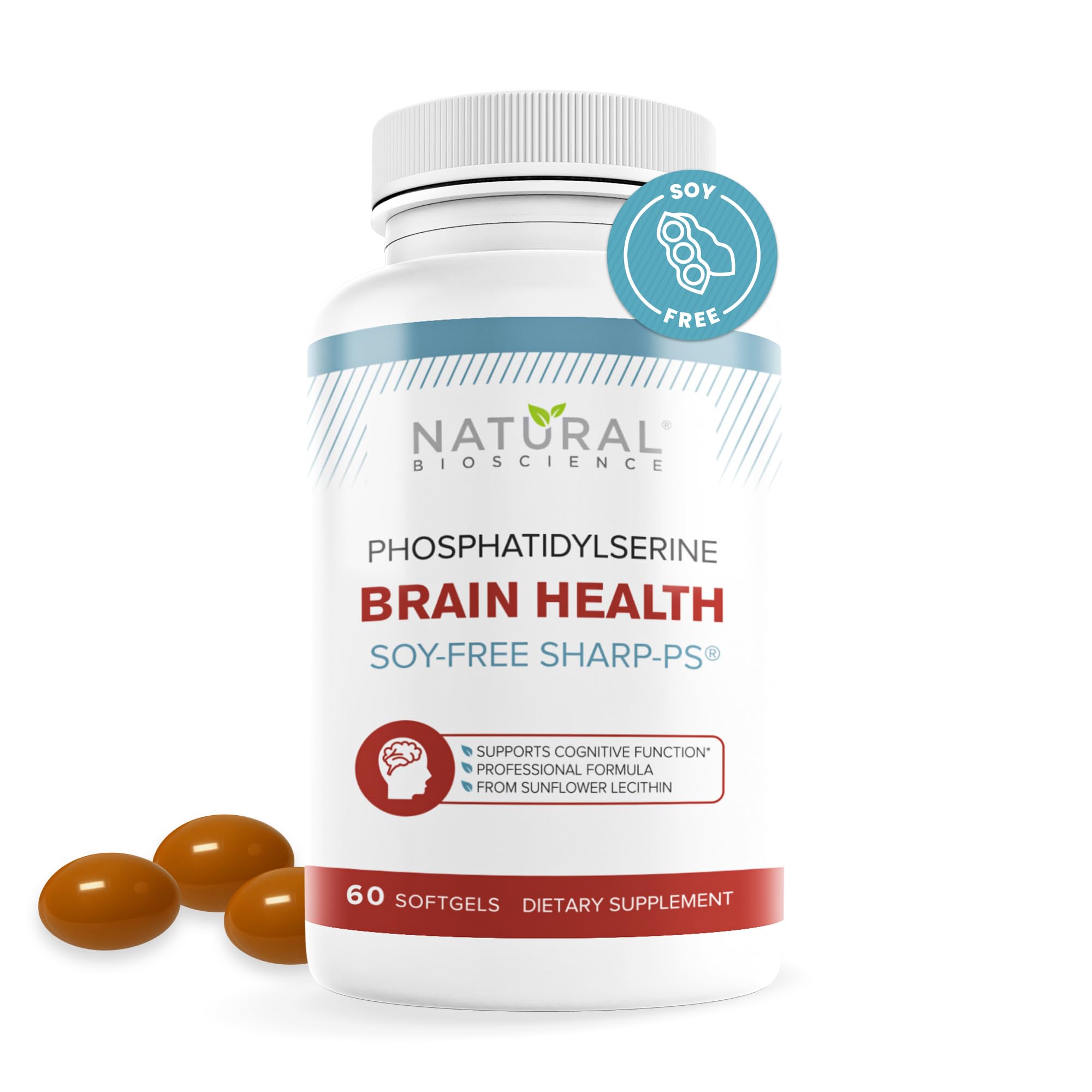 Natural BioScience PS100, bouteille de capsules molles, potentiel soutien mémoire et concentration.