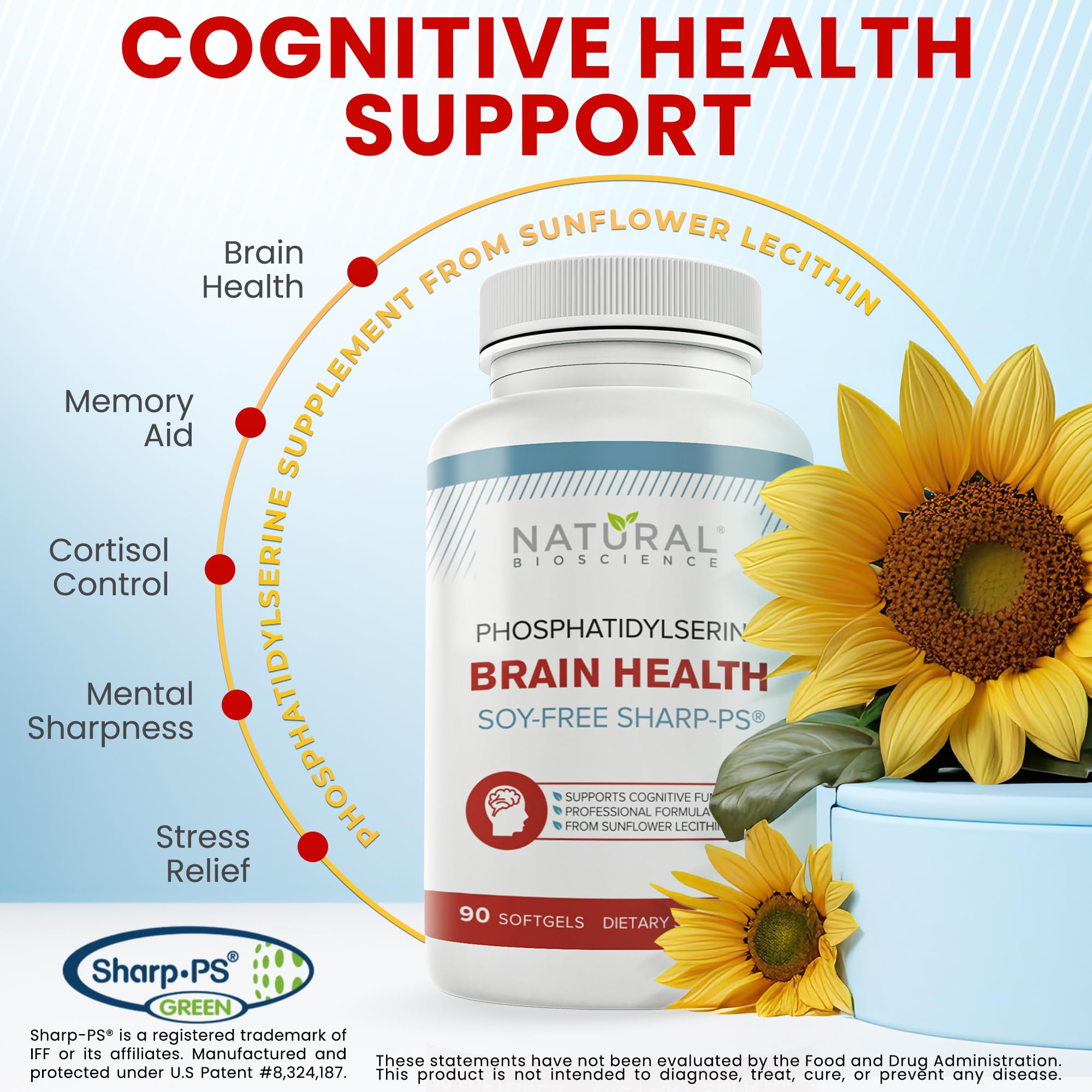 Natural BioScience PS100, étiquette affichant le nom du produit et bénéfices cognitifs.
