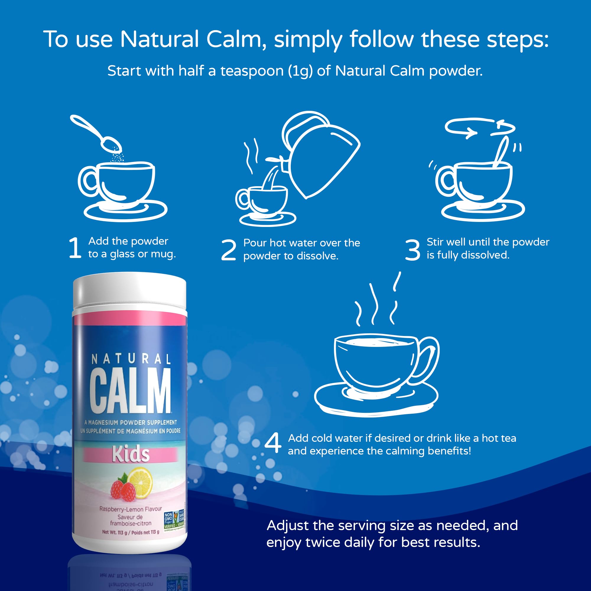 Natural Calm magnésium citrate, emballage 113 g; pratique pour la routine