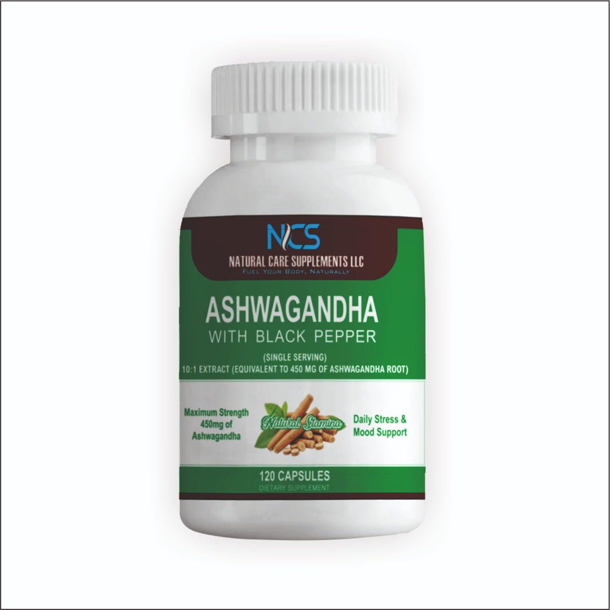 Natural Care Supplements Ashwagandha en bouteille, soutien potentiel au bien-être quotidien.