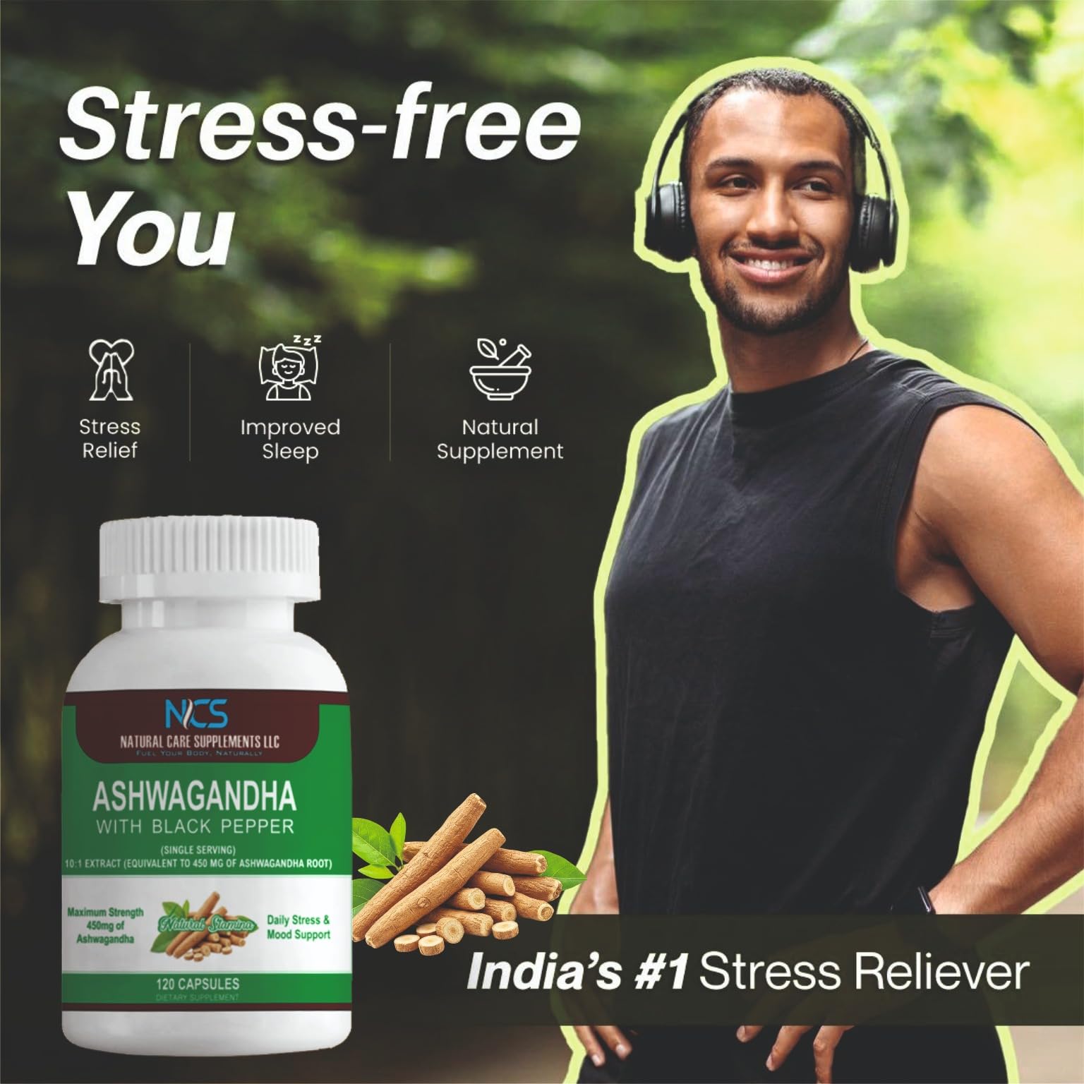 Capsules d’Ashwagandha Natural Care Supplements, facile à intégrer dans la routine.