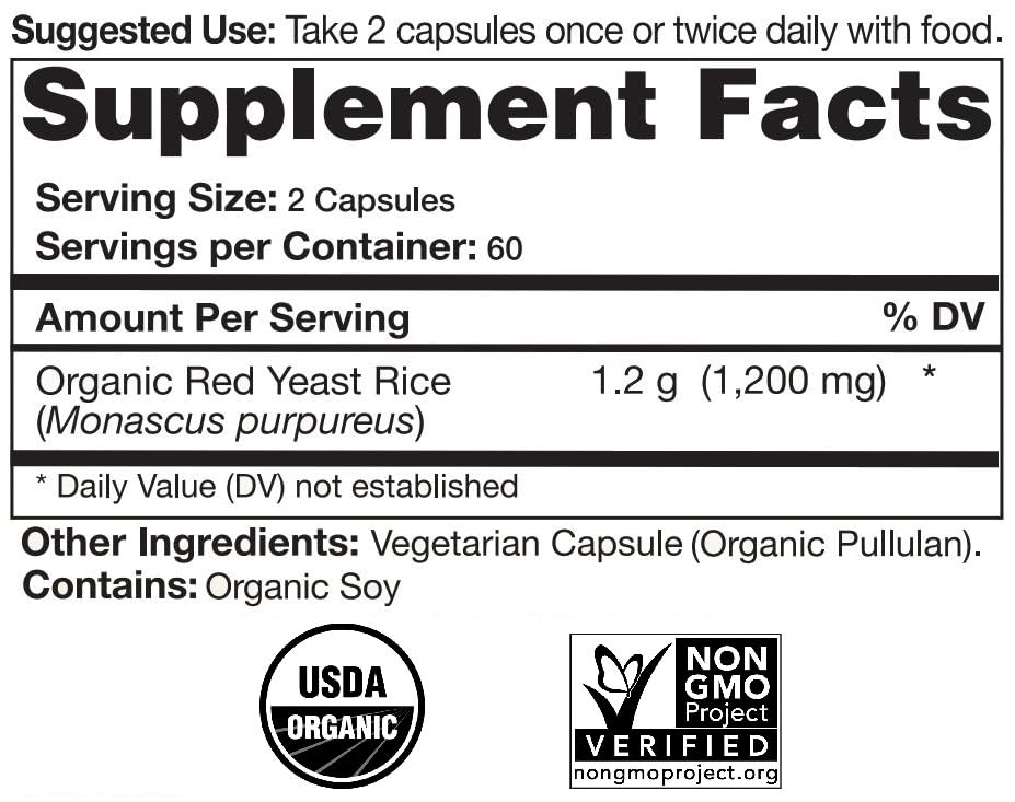 Natural Choice Botanicals capsules riz-levure rouge, dosage 600 mg par capsule.