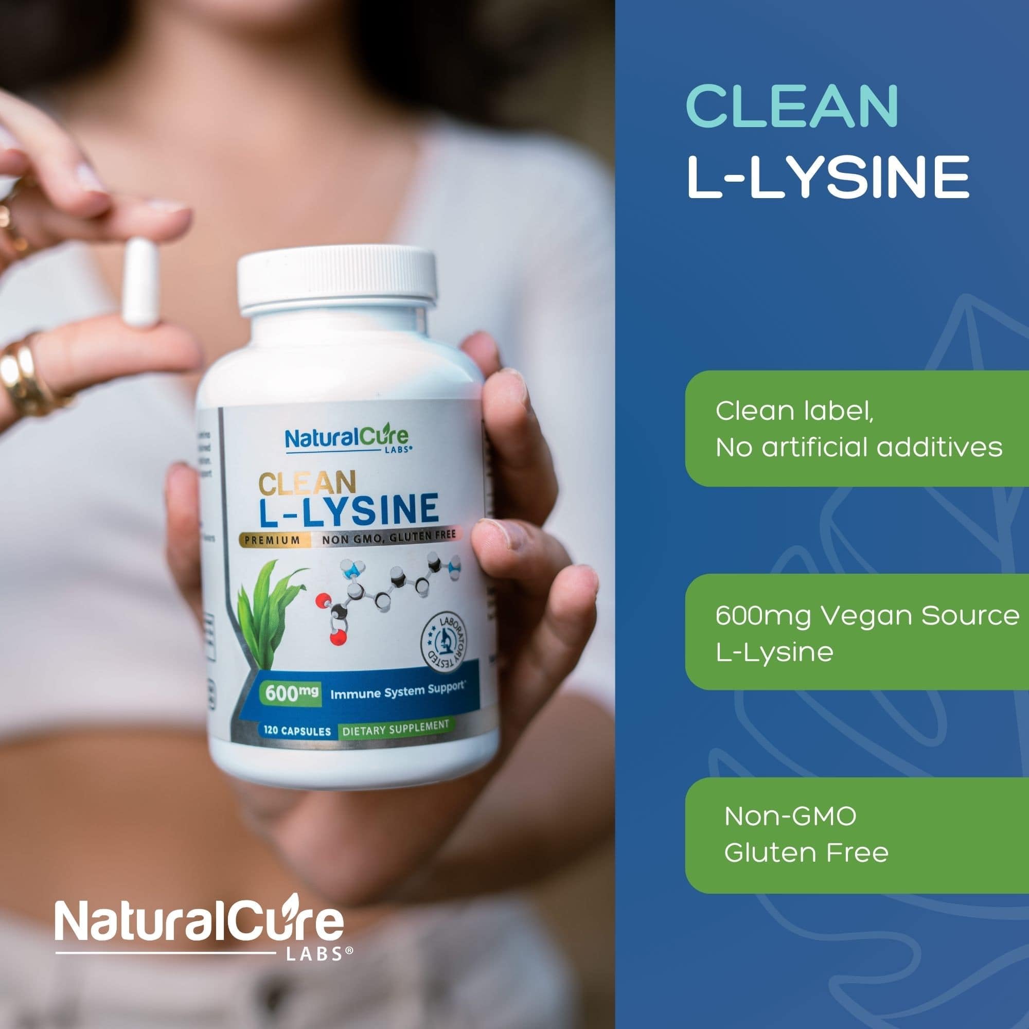 Natural Cure Labs L-Lysine 600 mg – ingrédients vegan et sans OGM.