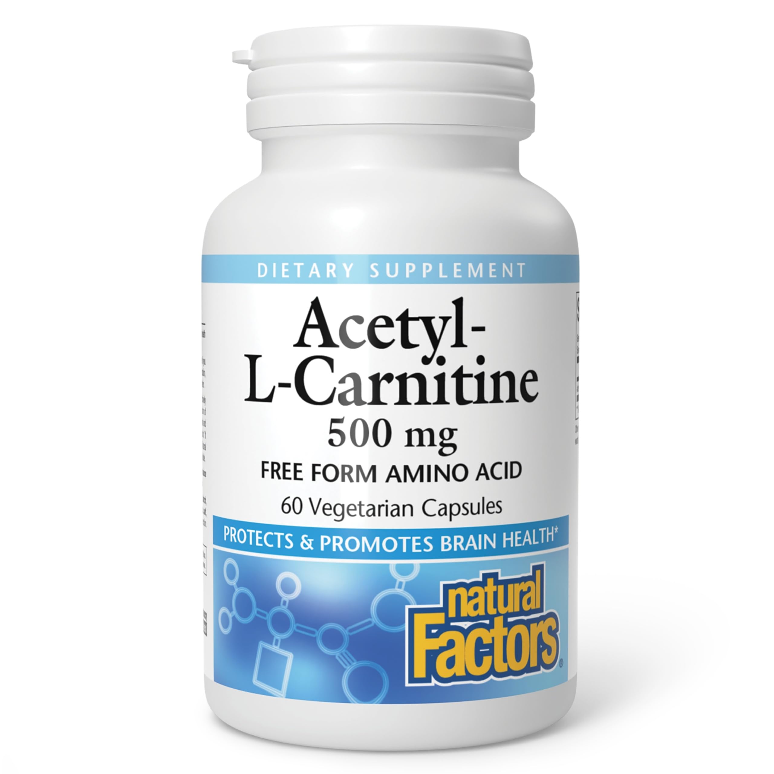Natural Factors Acétyl L-Carnitine 500 mg en bouteille, favorise énergie et concentration.