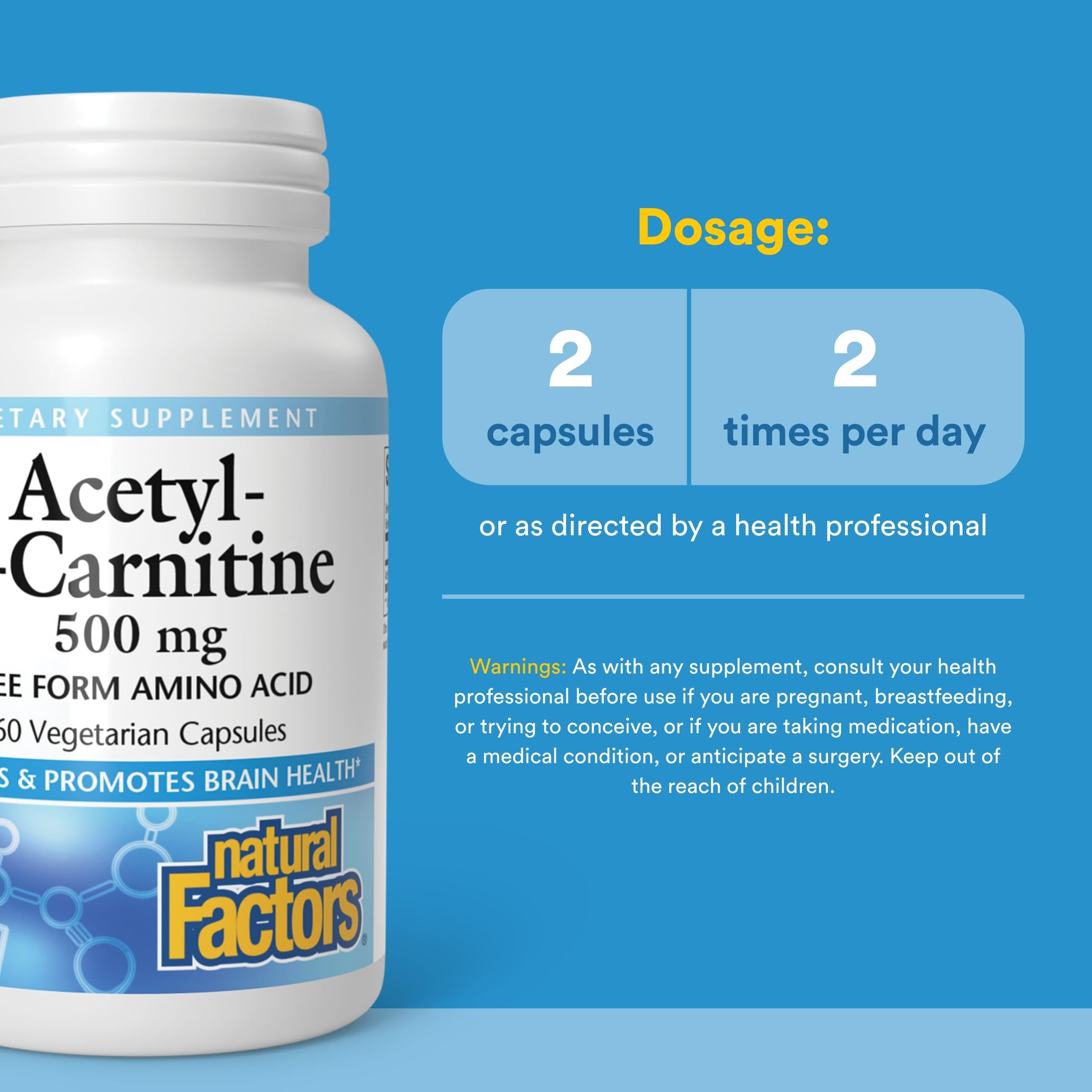 Natural Factors Acétyl L-Carnitine 500 mg, étui pratique pour votre routine.