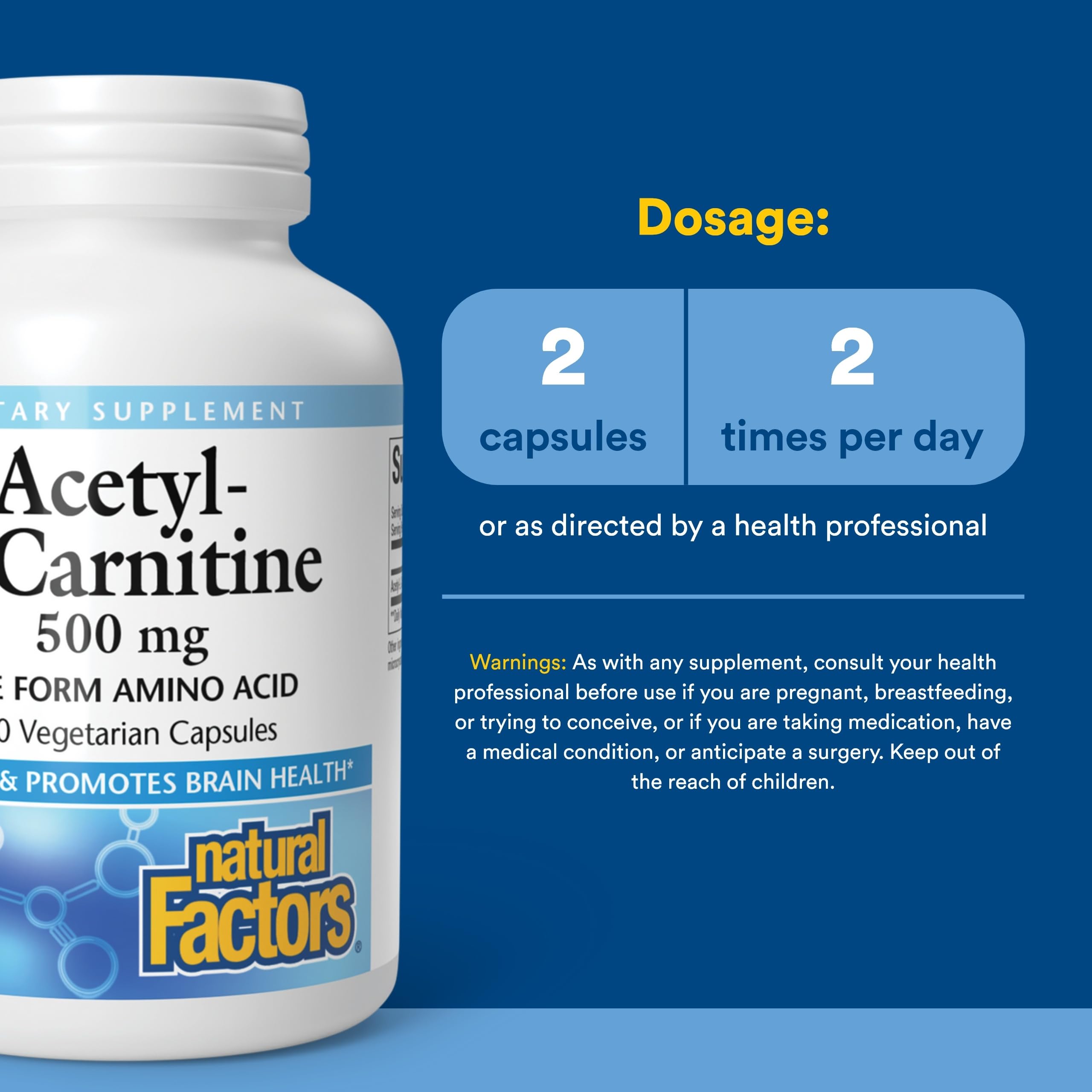 Étiquette Natural Factors Acétyl L-Carnitine – Qualité pharmaceutique et informations claires