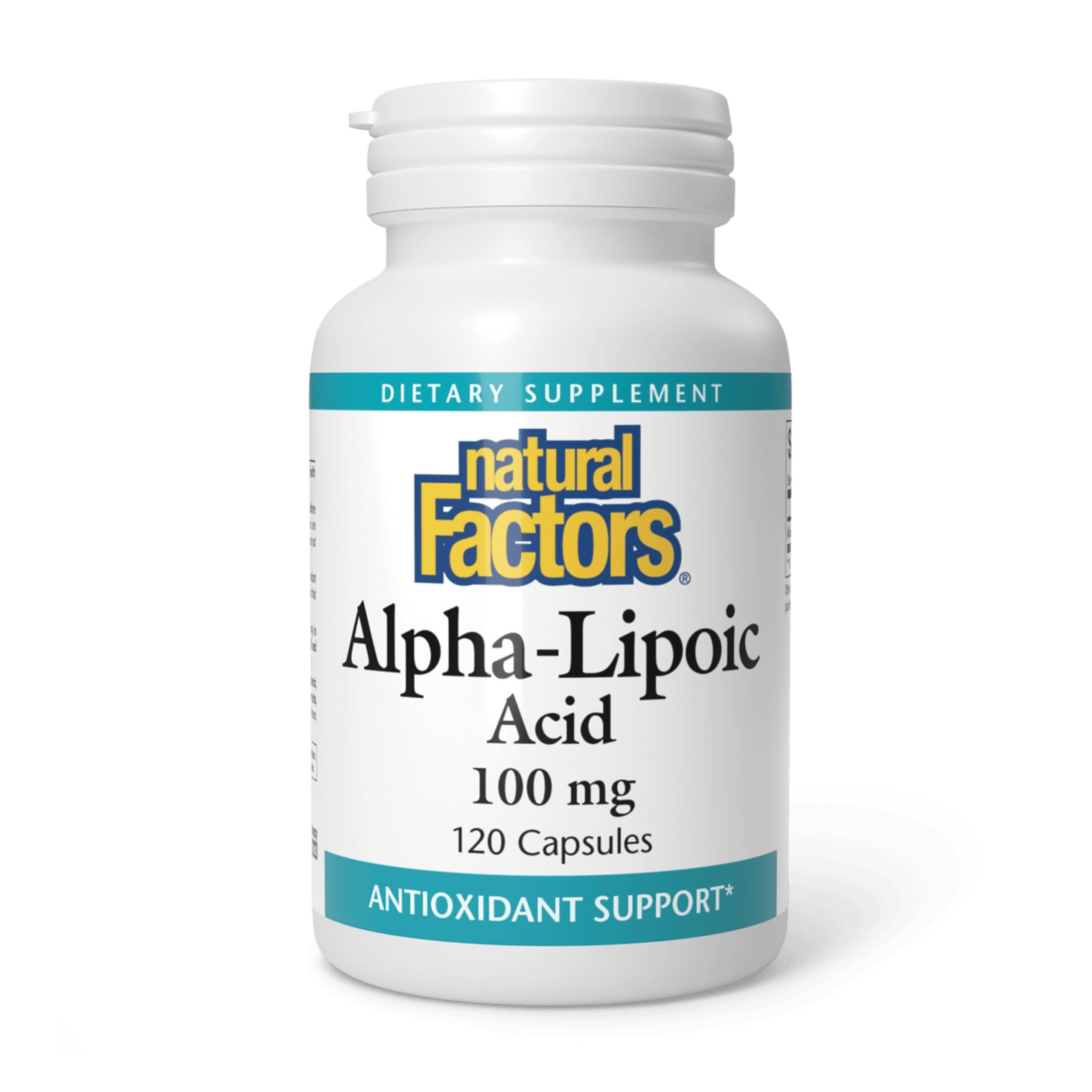 Natural Factors Acide Alpha-Lipoïque 100 mg – bouteille vue de face, soutien antioxydant potentiel.