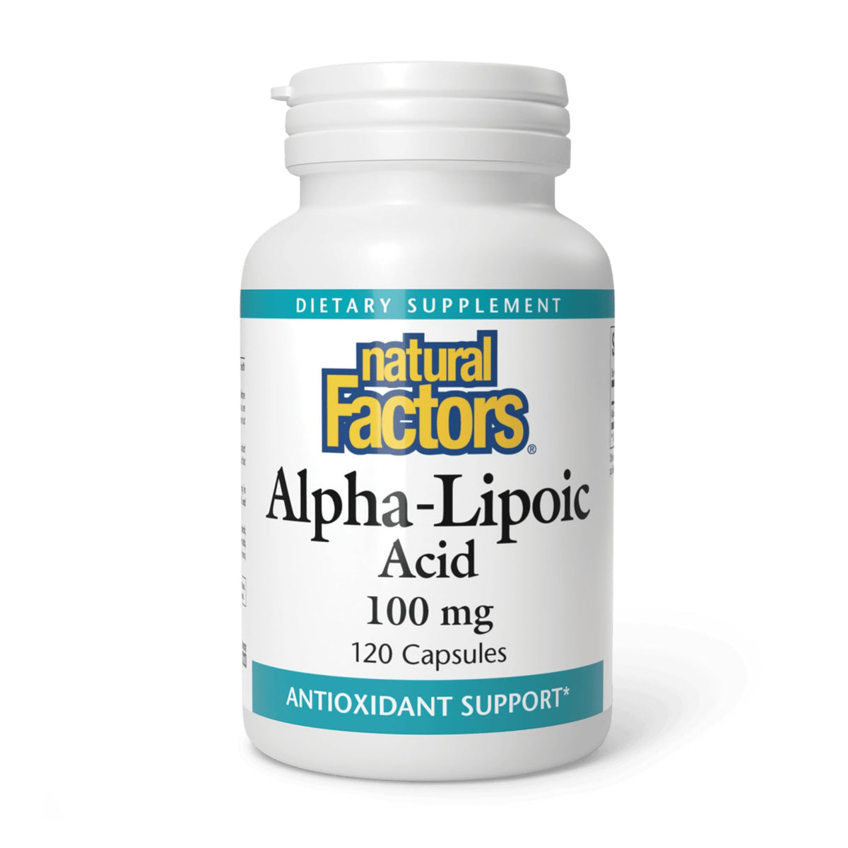 Natural Factors Acide Alpha-Lipoïque 100 mg – bouteille vue de face, soutien antioxydant potentiel.