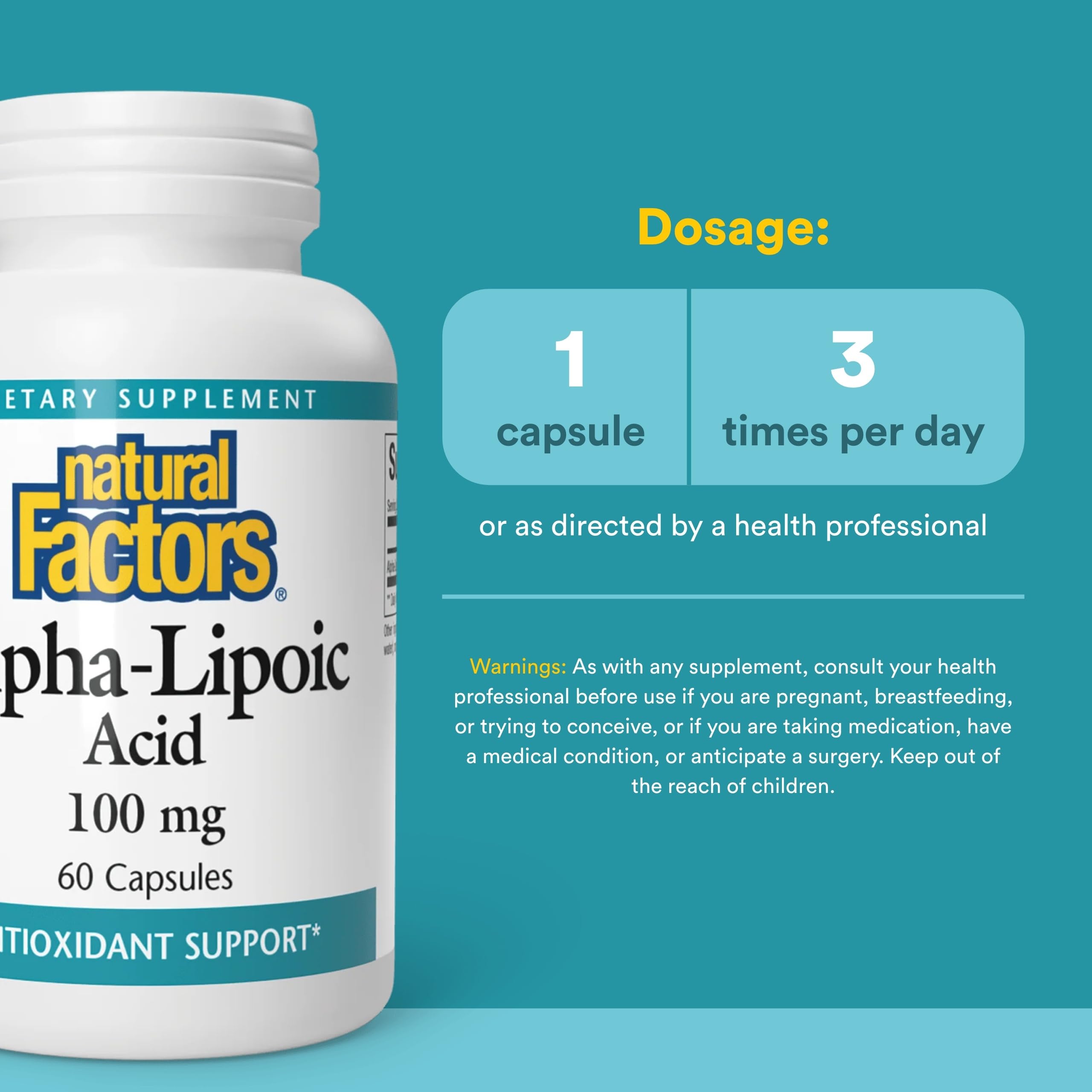 Natural Factors Acide alpha-lipoïque 100 mg, bouteille ouverte, accessibilité immédiate.