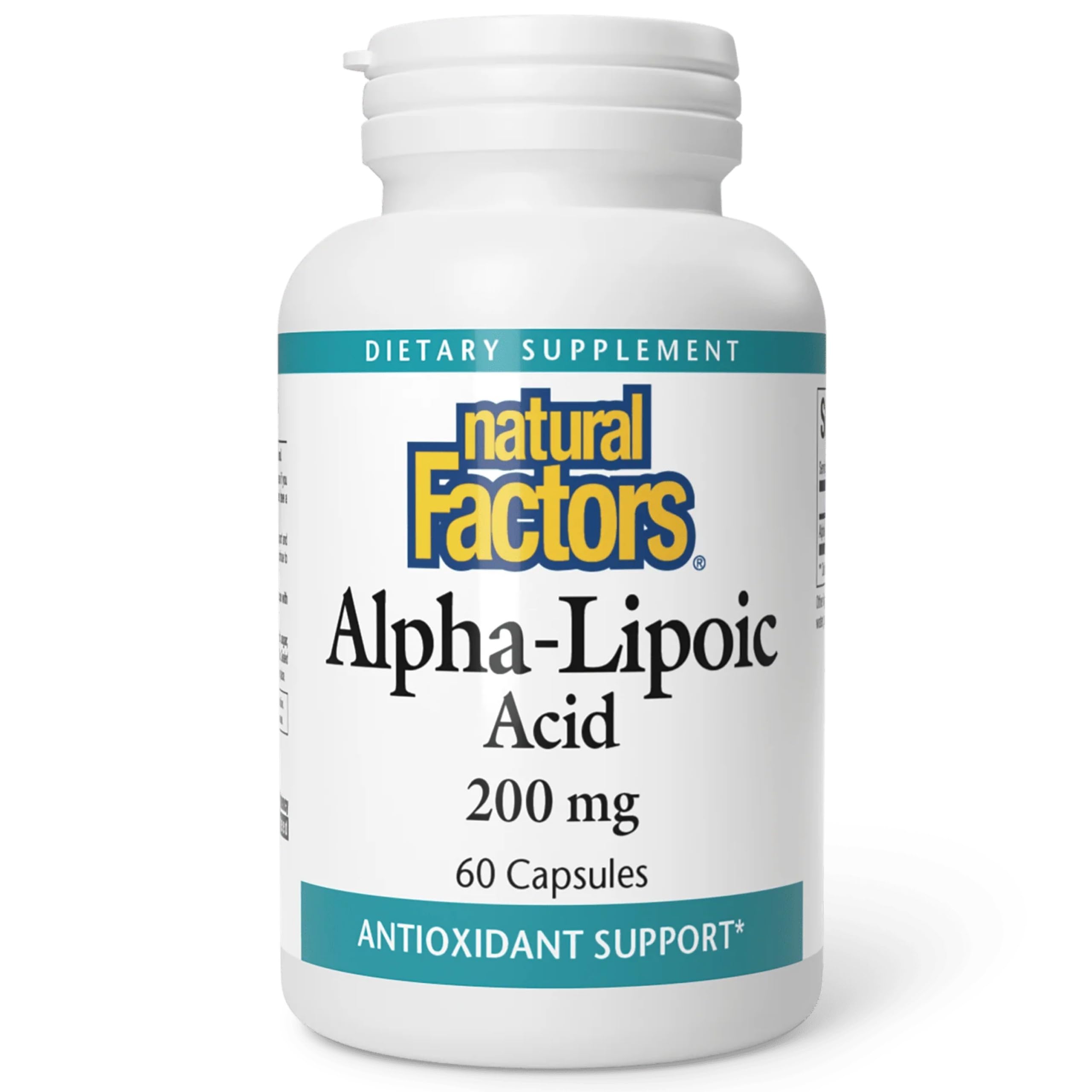 Natural Factors acide alpha-lipoïque 200 mg – emballage et soutien antioxydant quotidien.