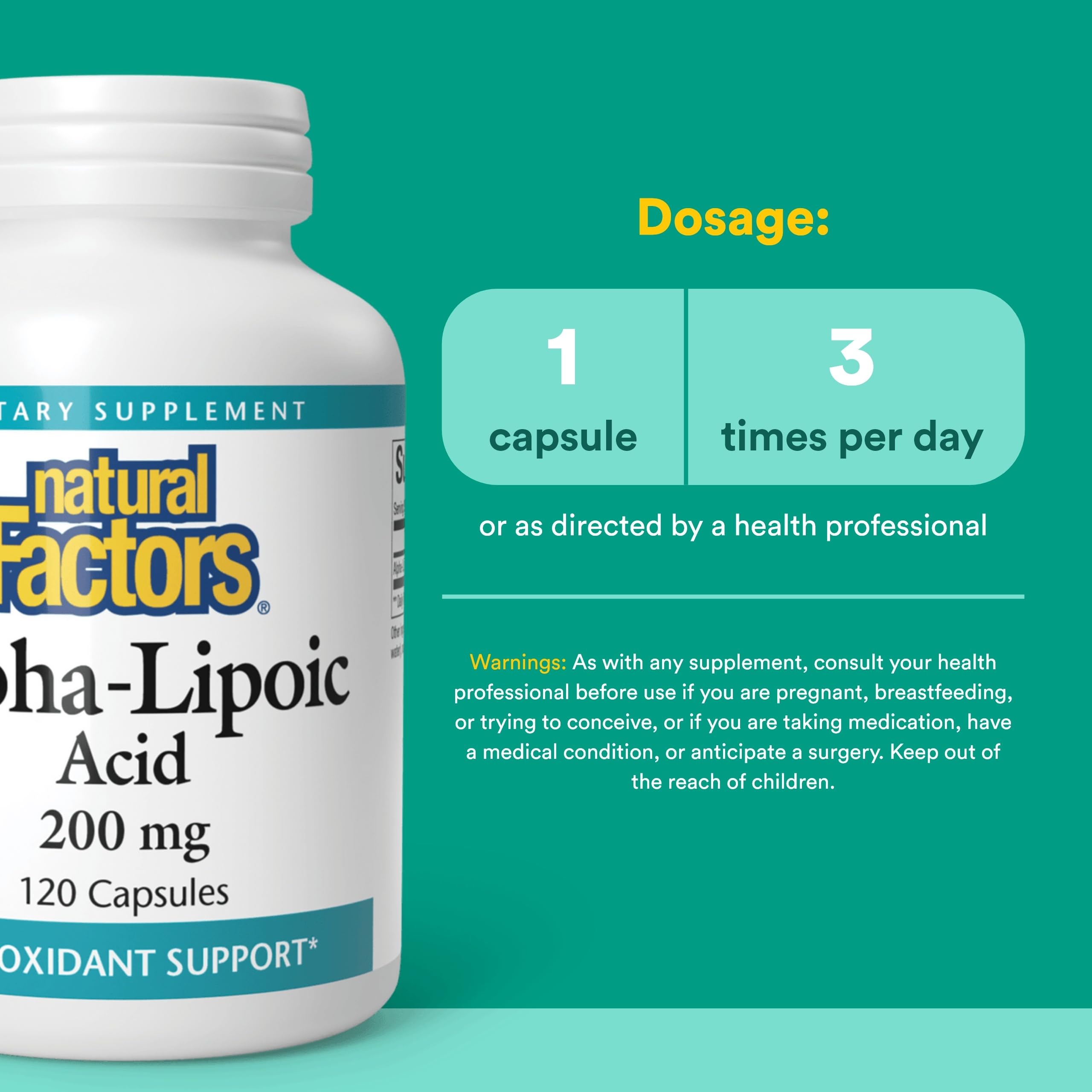 Natural Factors Acide alpha-lipoïque 200 mg – étiquette claire, sans OGMs