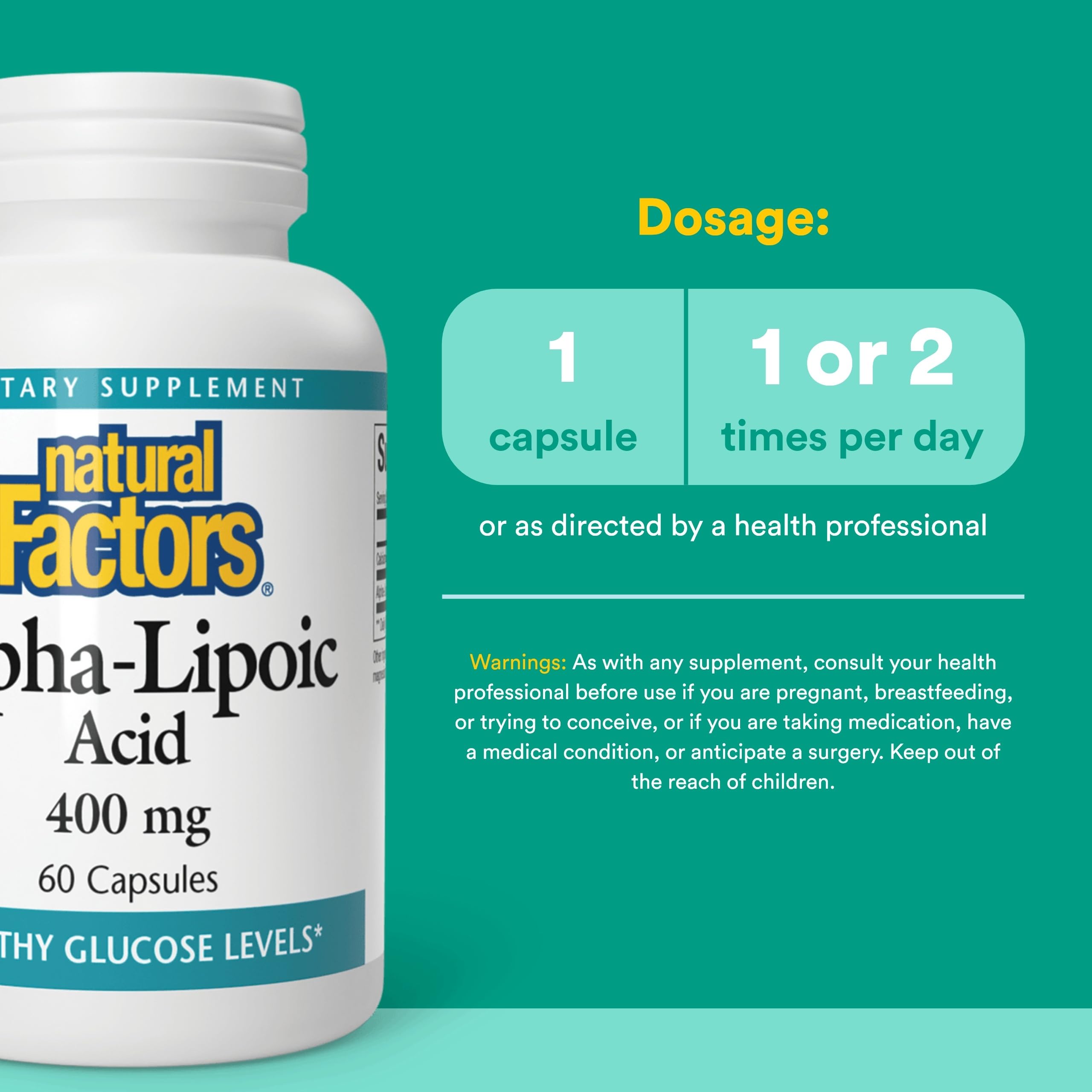 Natural Factors acide alpha-lipoïque – etiquette, informations claires sur les ingrédients.