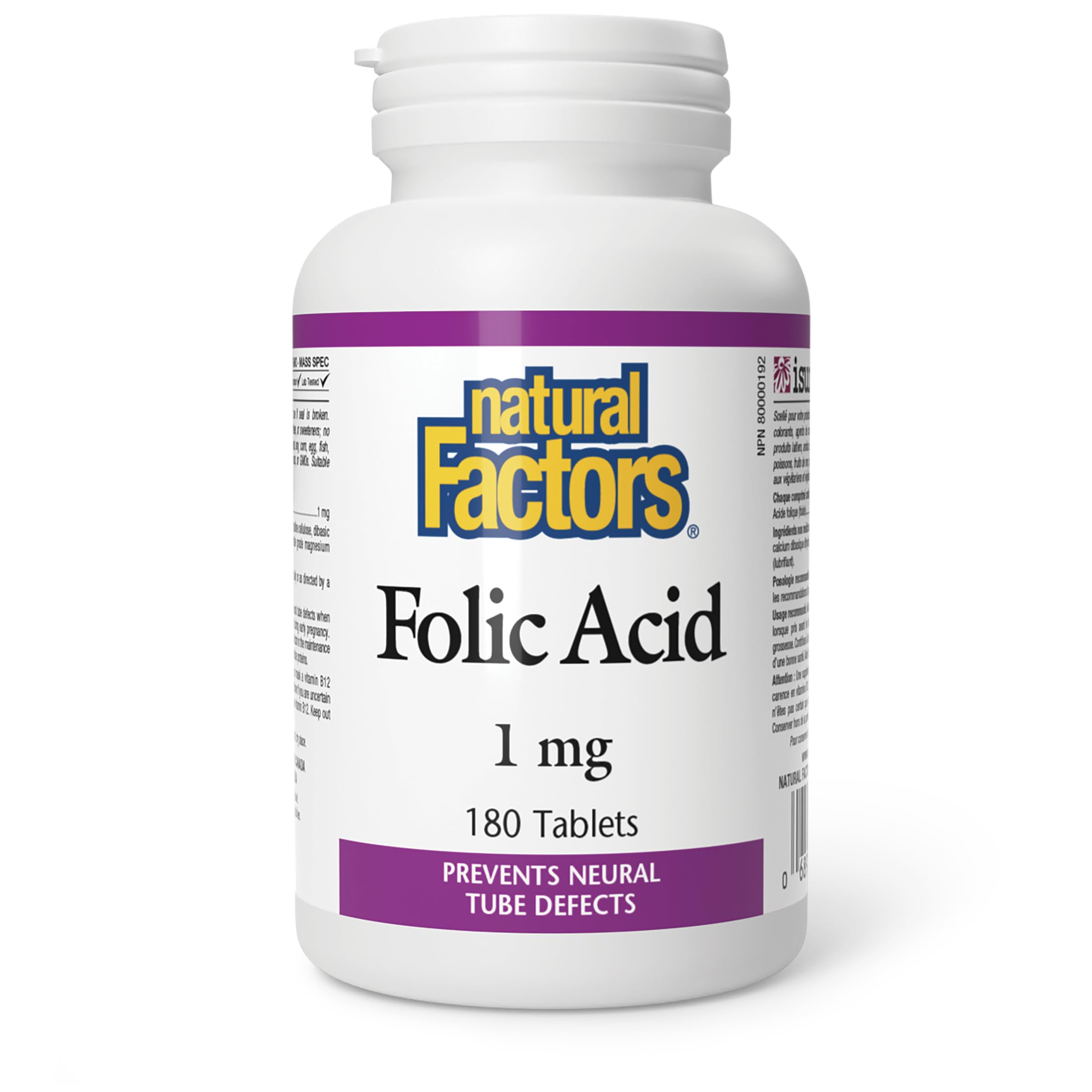 Natural Factors acide folique 1 mg - bouteille pratique pour une utilisation quotidienne