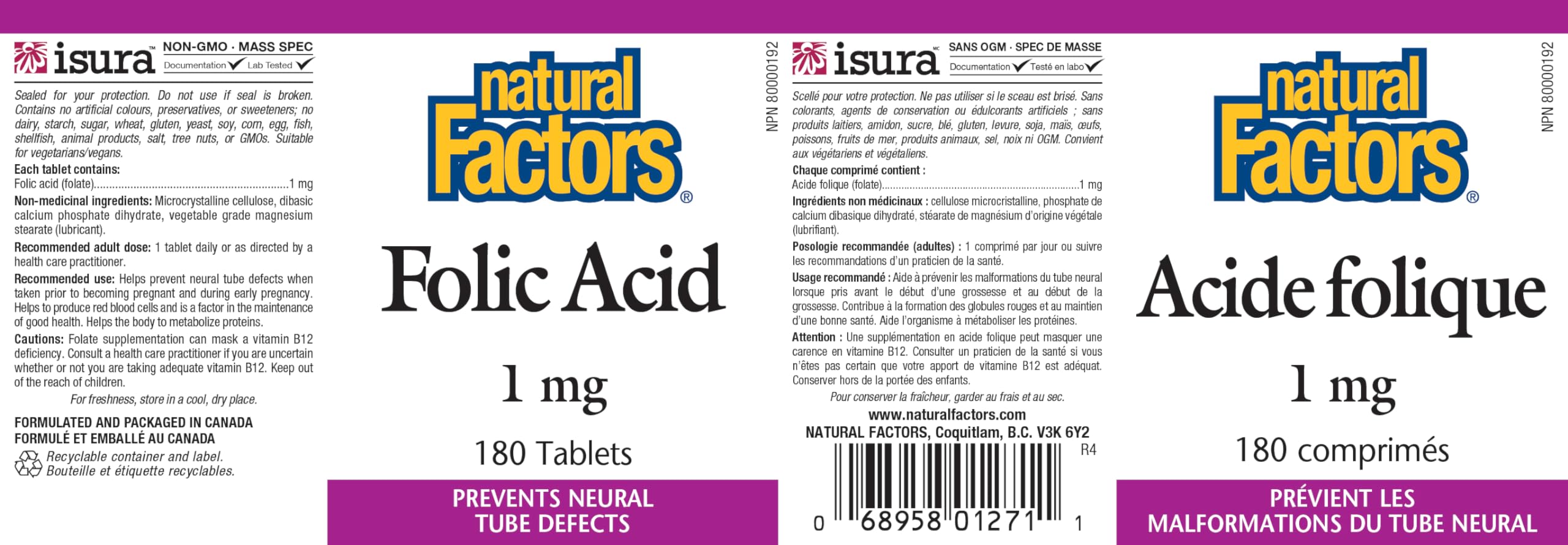Natural Factors acide folique 1 mg - comprimés faciles à prendre au quotidien