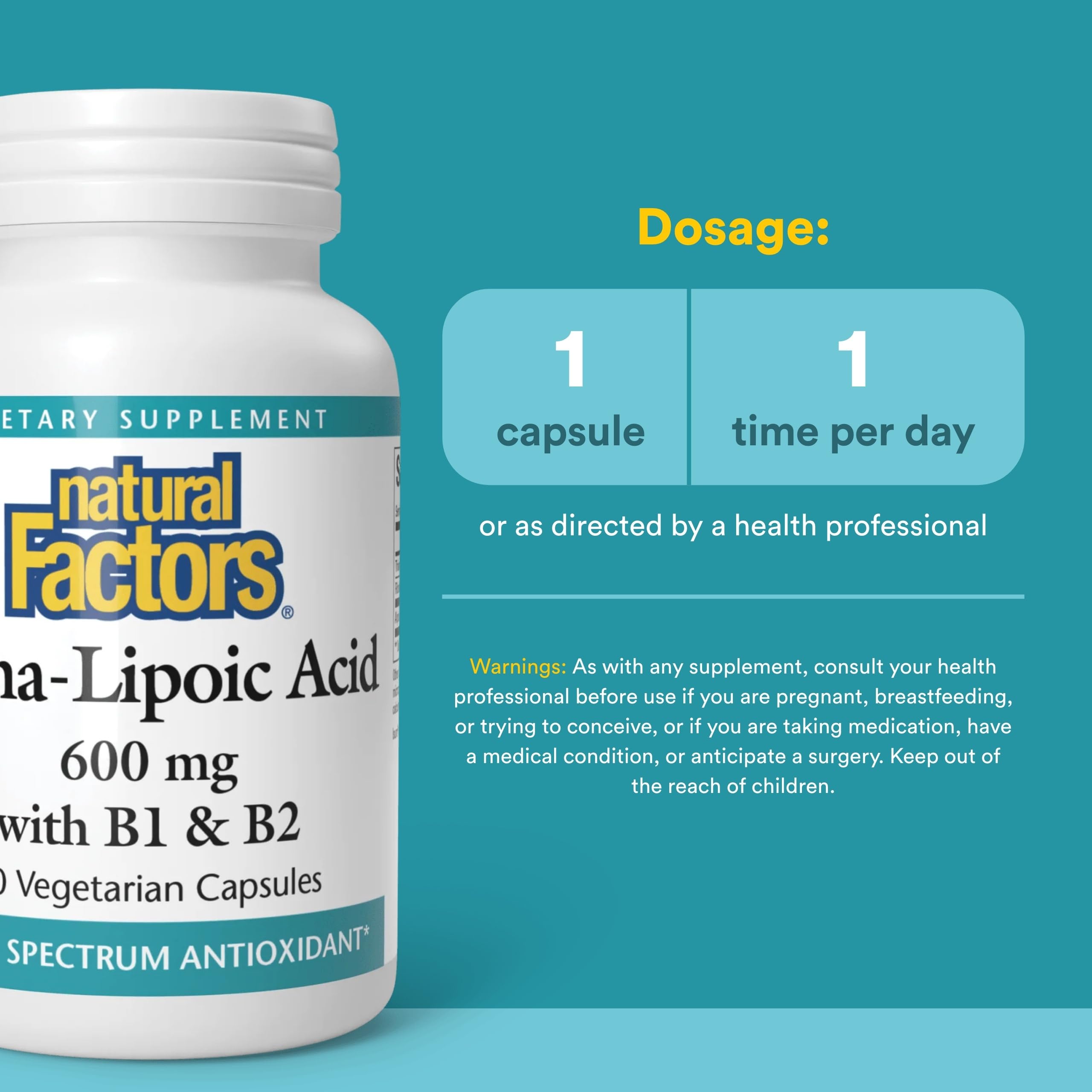 Natural Factors Alpha-Lipoïque B6, bouteille ambrée protégeant les gélules.