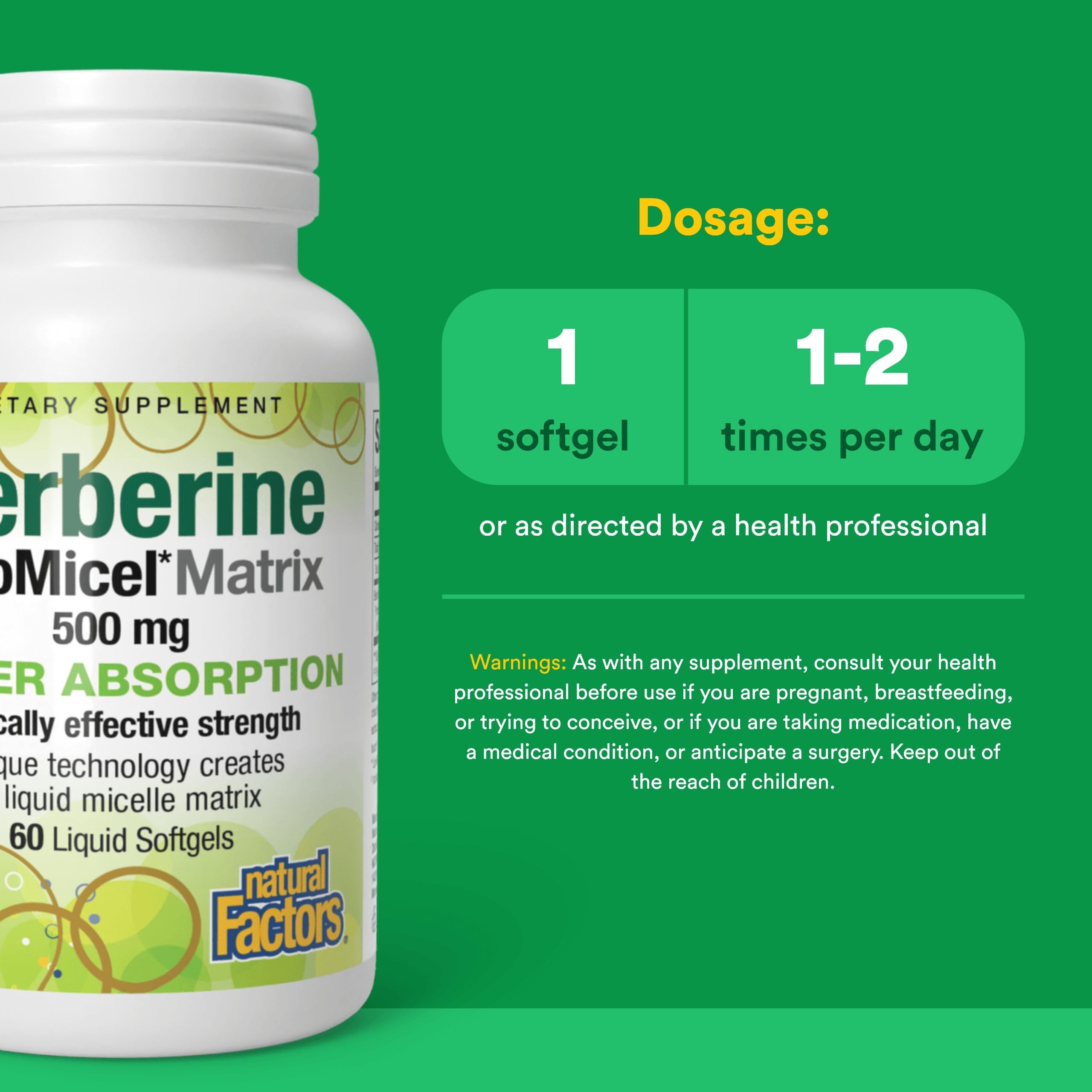Étiquette Natural Factors Berberine affichant sans gluten et sans allergènes.