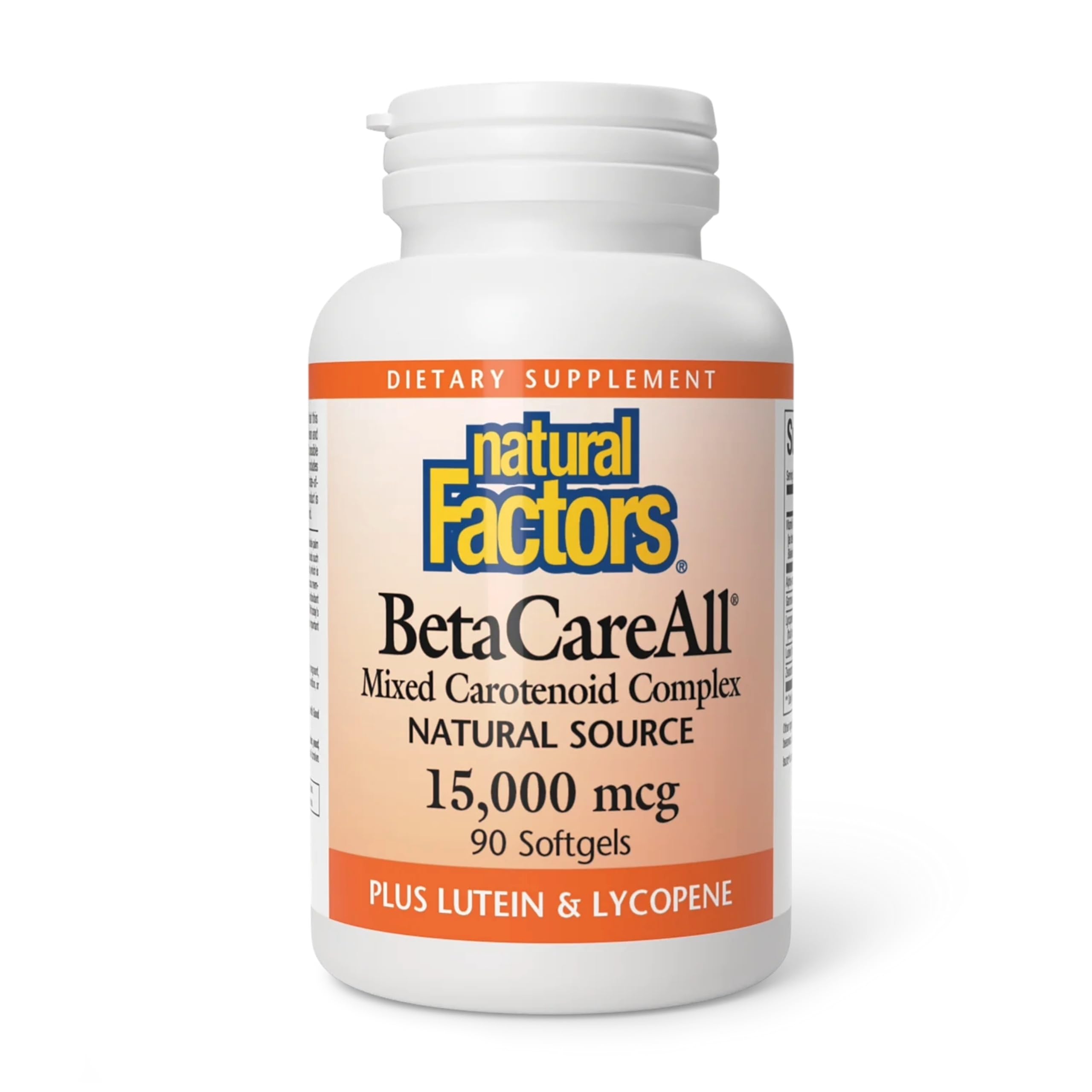 Natural Factors BetaCareAll : bouteille illustrée et capsules, soutien potentiel peau saine et vision.
