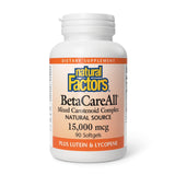 Natural Factors BetaCareAll : bouteille illustrée et capsules, soutien potentiel peau saine et vision.