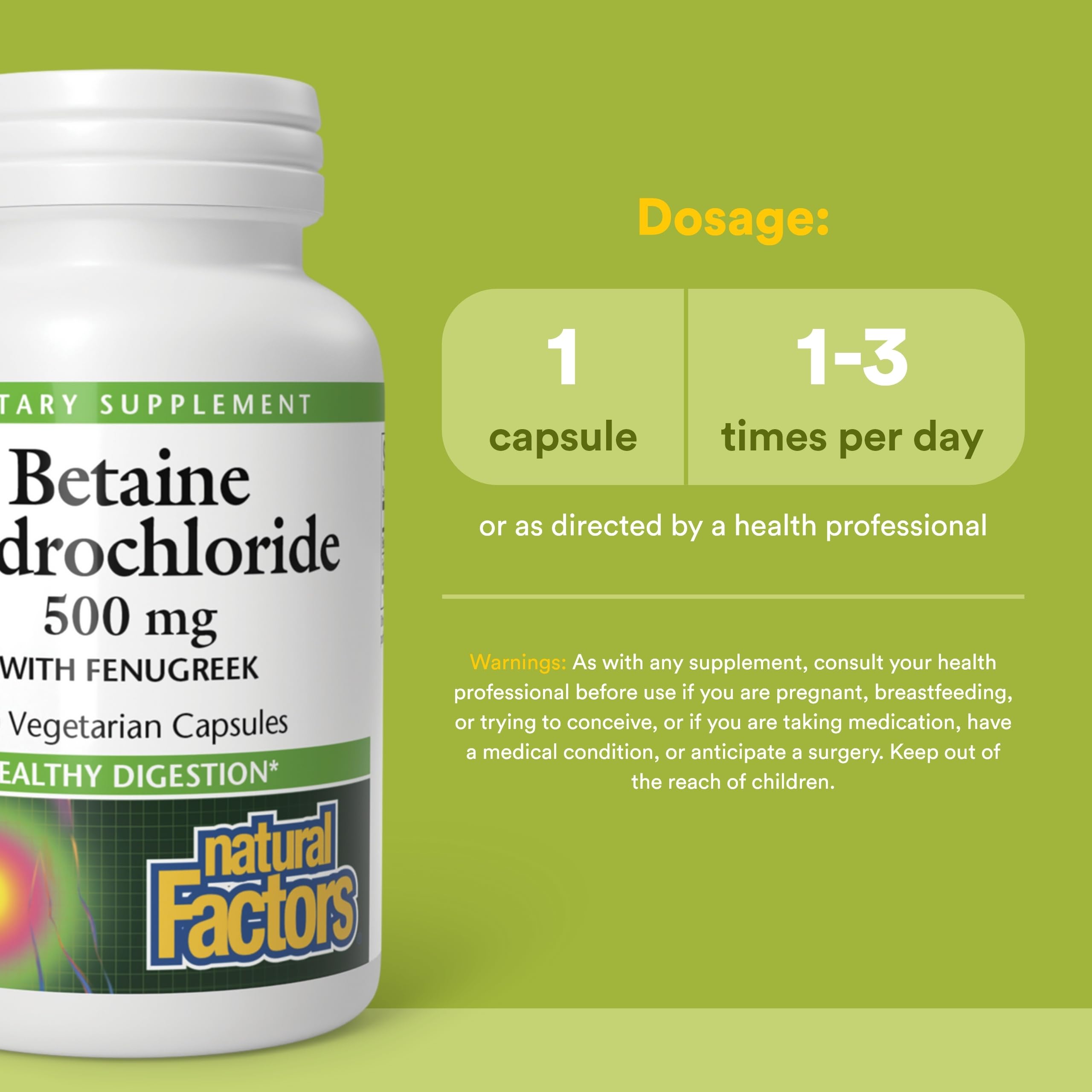 Natural Factors Betaine HCL 500 mg – étiquette indiquant qualité et origine non-OGM