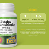 Natural Factors Betaine HCL 500 mg – étiquette indiquant qualité et origine non-OGM