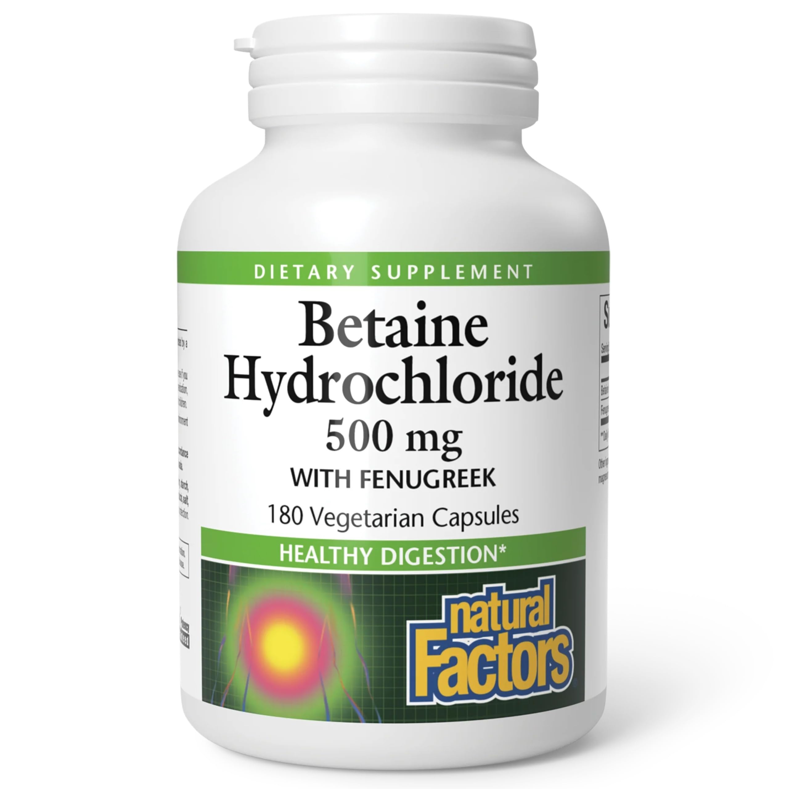 Natural Factors Betaine HCL 500 mg – bouteille claire, soutien digestif potentiel dans le quotidien.