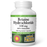 Natural Factors Betaine HCL 500 mg – bouteille claire, soutien digestif potentiel dans le quotidien.