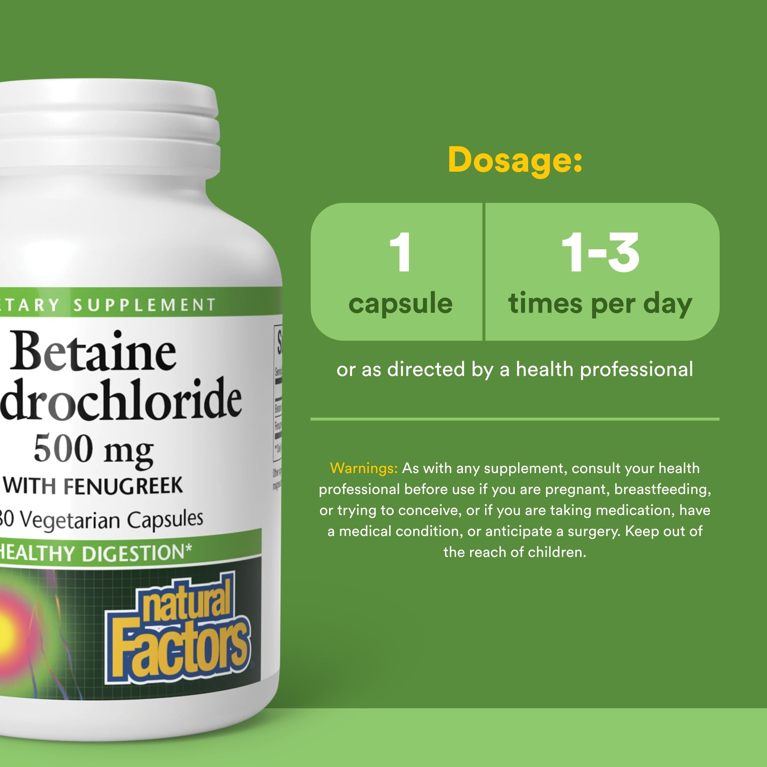Natural Factors Betaine HCL 500 mg – étiquette claire favorisant le dosage précis et l'utilisation.