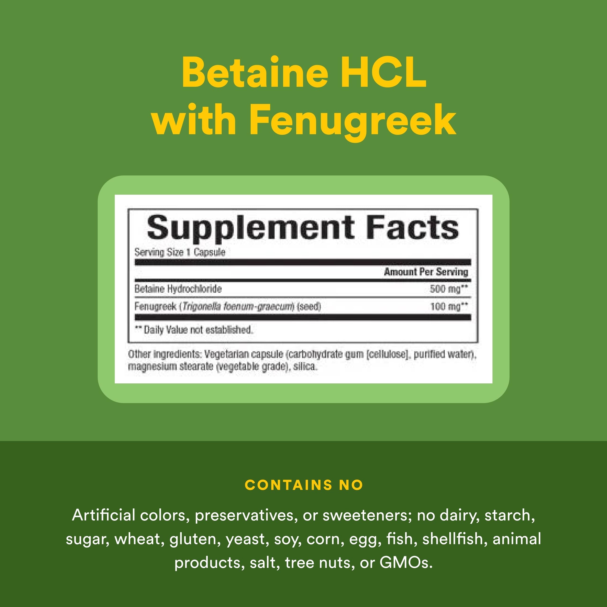 Natural Factors Betaine HCL 500 mg – ferme biologique assure des ingrédients non-OGM traçables.