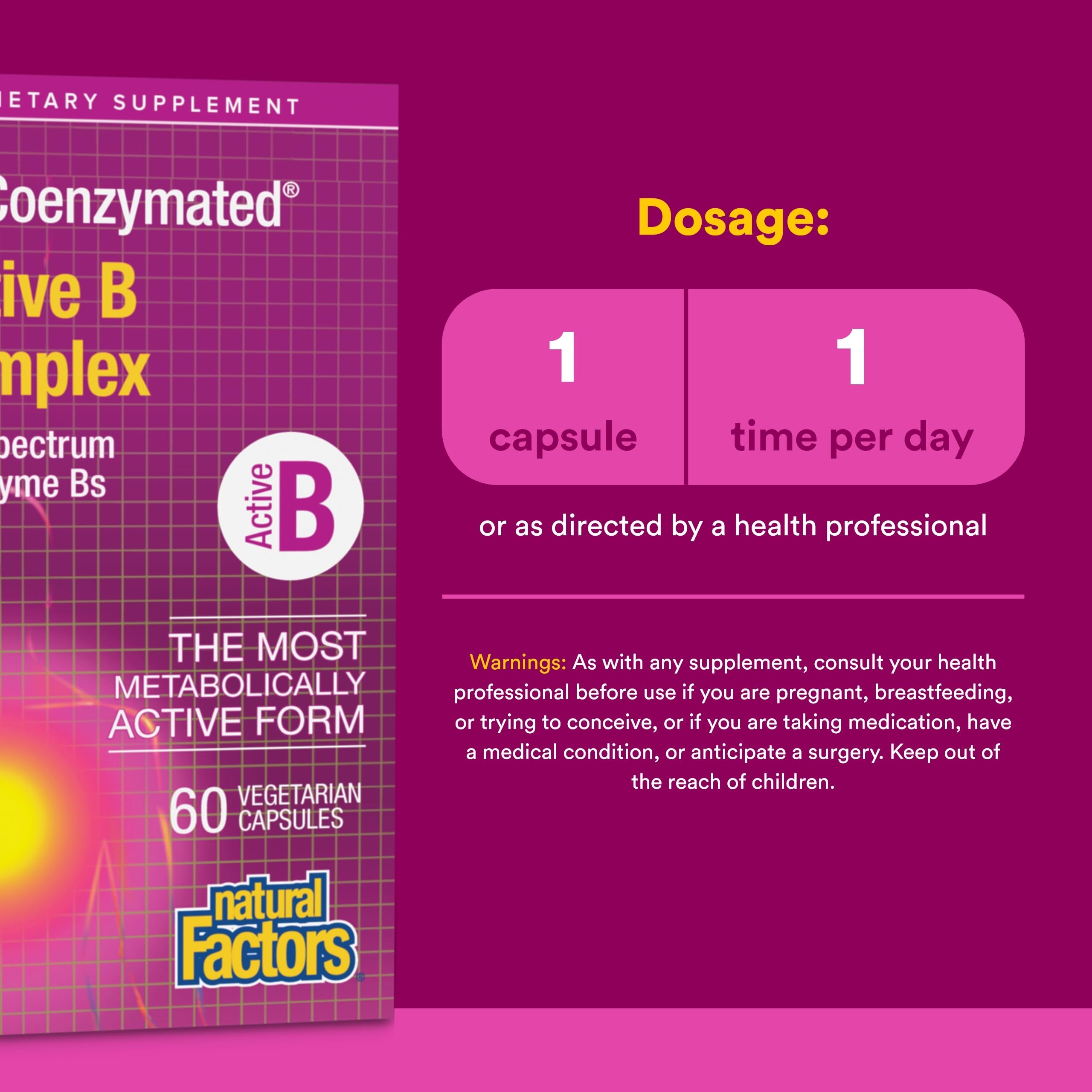 Natural Factors BioCoenzymated Active B Complex, etiquette, plante vivante concentrée pour bienfaits durables.