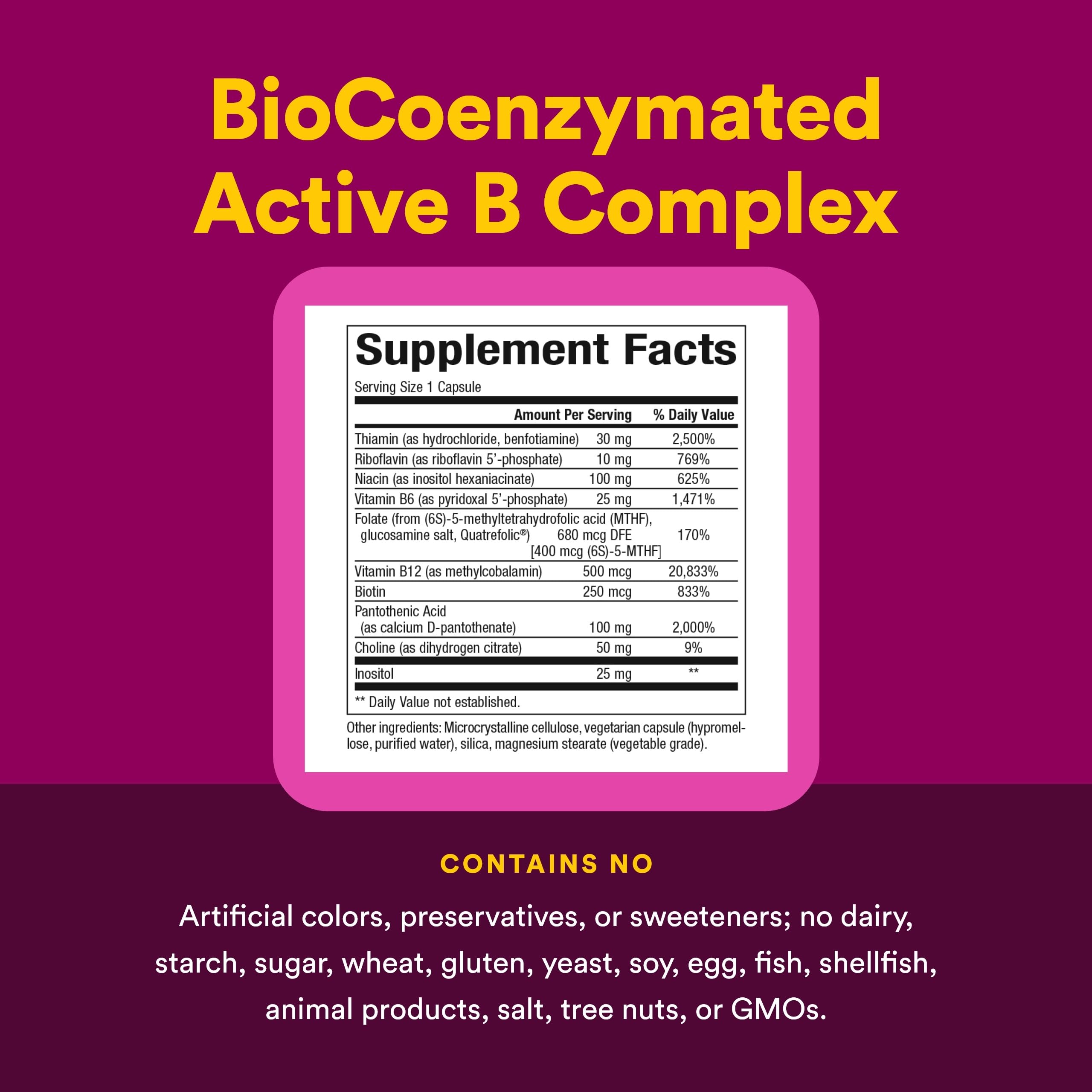 Natural Factors BioCoenzymated Active B Complex, tableau nutritionnel, détail des vitamines essentielles.