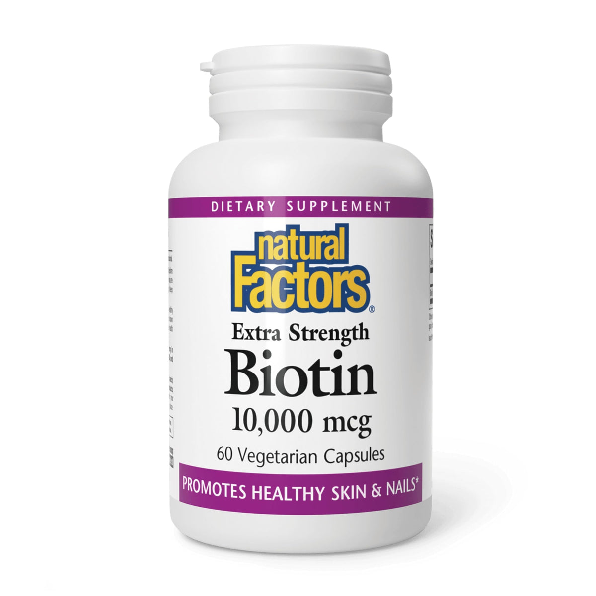 Natural Factors Biotin 10000 µg, bouteille, soutien potentiel cheveux et ongles.