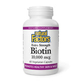 Natural Factors Biotin 10000 µg, bouteille, soutien potentiel cheveux et ongles.