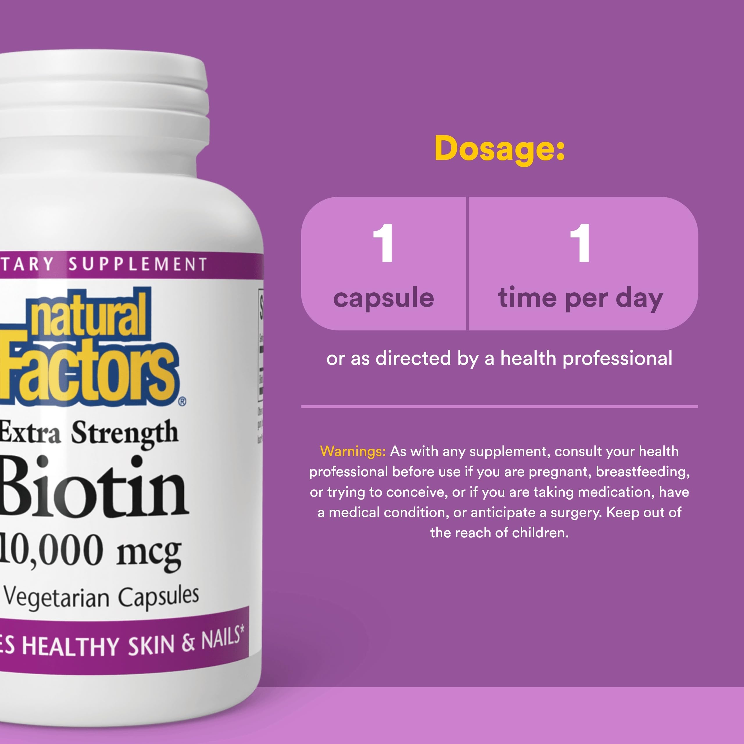 Natural Factors Biotin 10000 µg, emballage et étiquette clairs du produit.