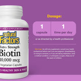 Natural Factors Biotin 10000 µg, emballage et étiquette clairs du produit.
