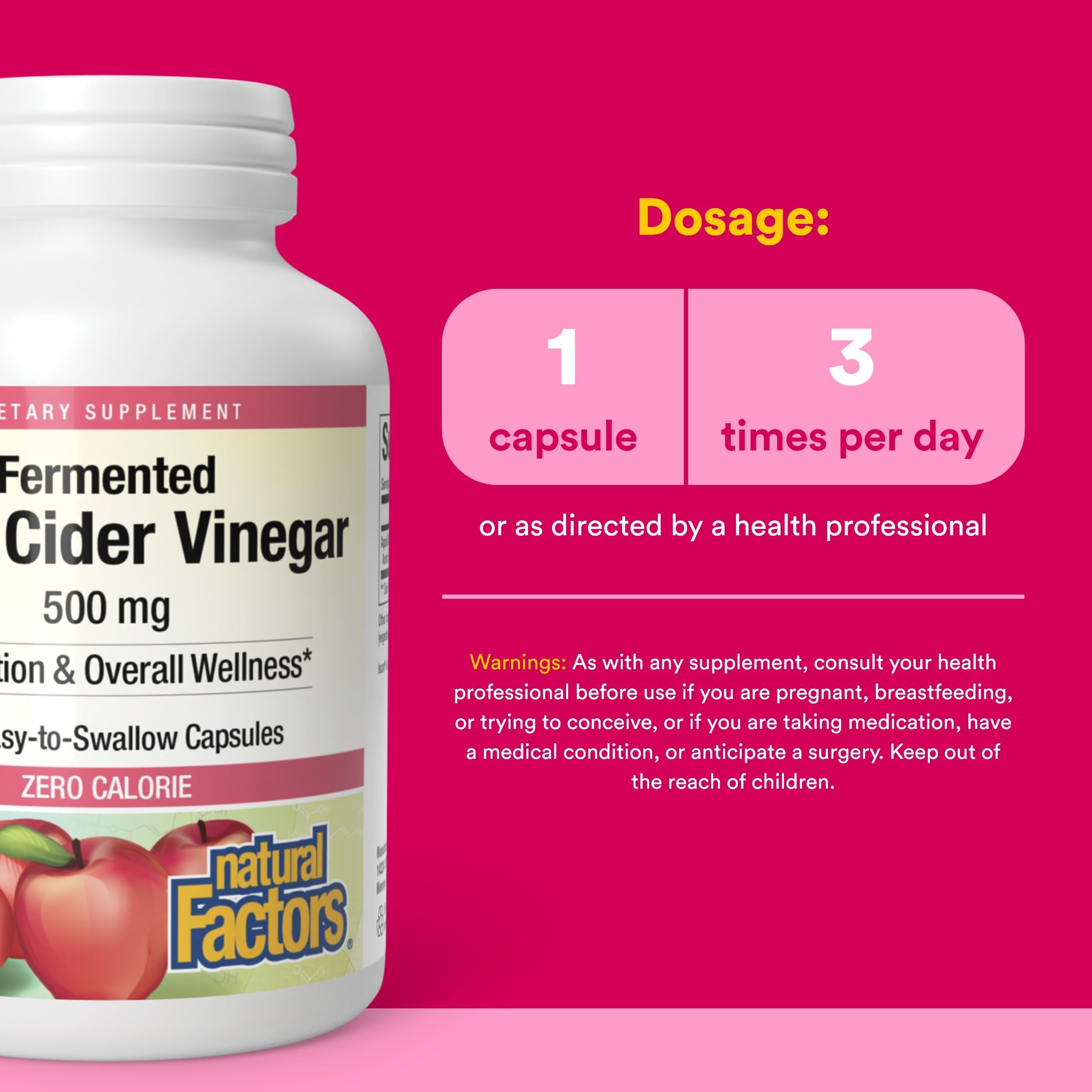 Capsule Natural Factors vinaigre de cidre, avec la mère, fermentation naturelle.