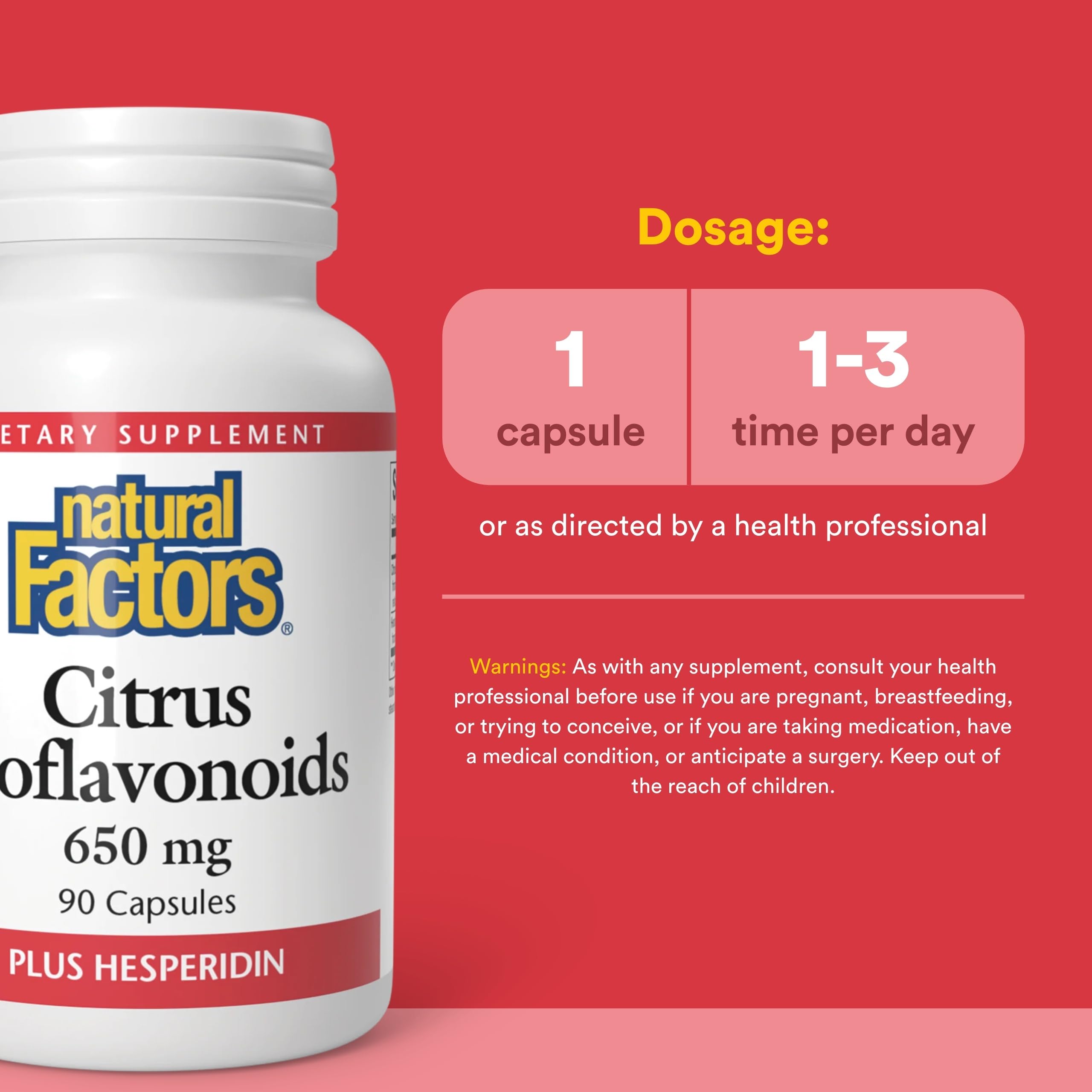 Natural Factors Citrus Bioflavonoides 650mg capsules — peut agir en synergie avec la vitamine C.