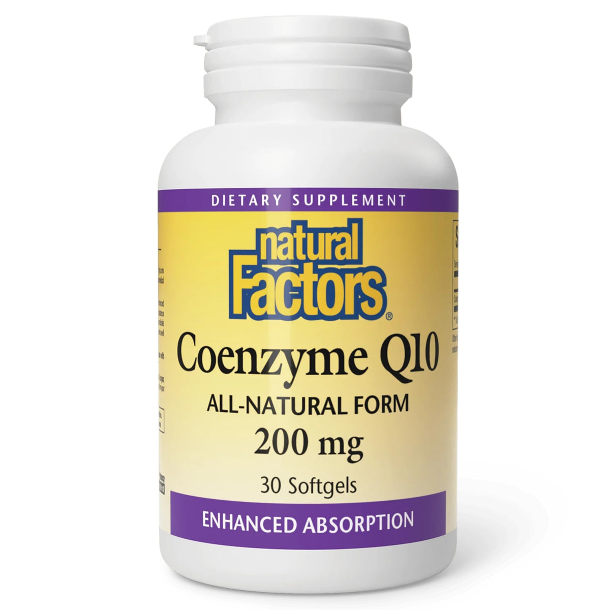 Natural Factors Coenzyme Q10 dans sa bouteille prête pour l'énergie quotidienne.
