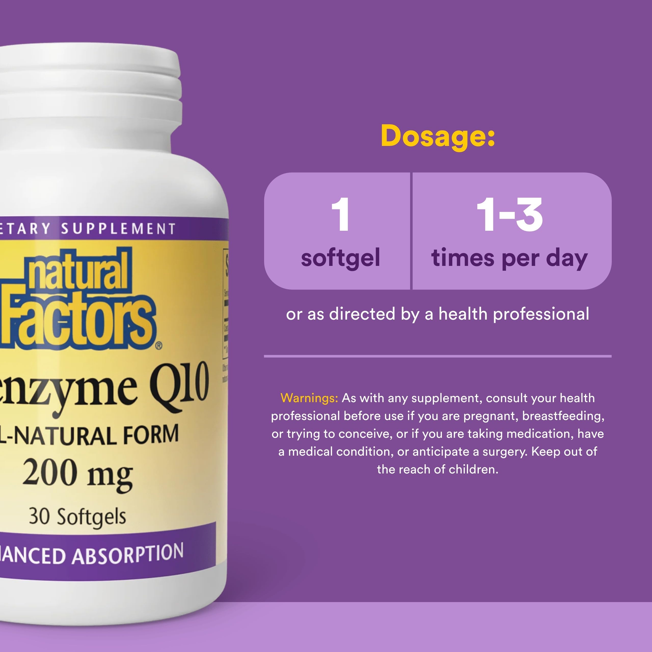 Étiquette Natural Factors Coenzyme Q10 sur fond clair, traçabilité et pureté.