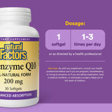 Étiquette Natural Factors Coenzyme Q10 sur fond clair, traçabilité et pureté.