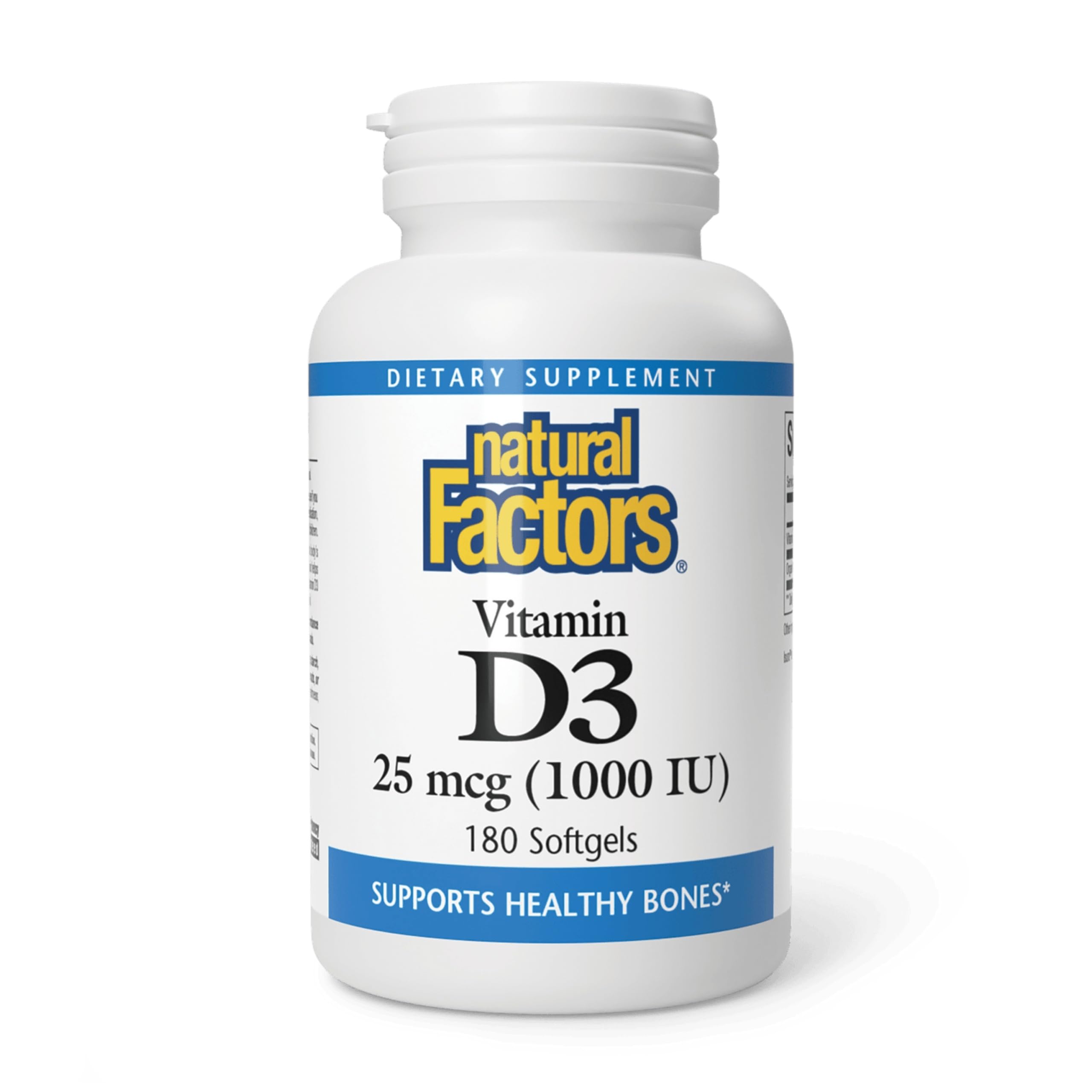 Natural Factors D3 1000 UI – bouteille de comprimés faciles à avaler pour l'apport quotidien.