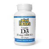 Natural Factors D3 1000 UI – bouteille de comprimés faciles à avaler pour l'apport quotidien.