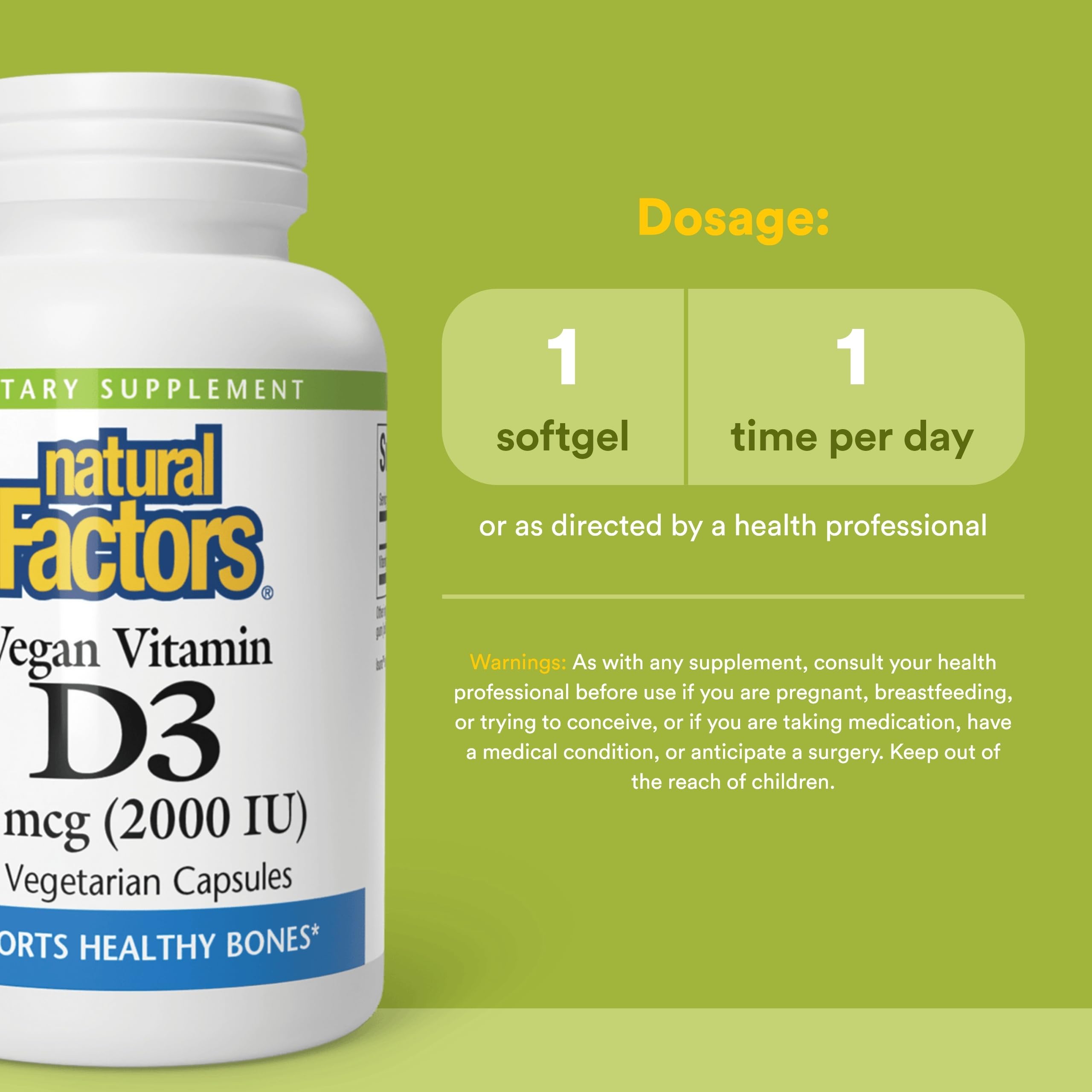 Étiquette Natural Factors D3 2000 IU – informations claires sur le dosage