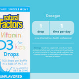 Natural Factors D3 pour enfants — dose quotidienne d’une goutte simplifiée.