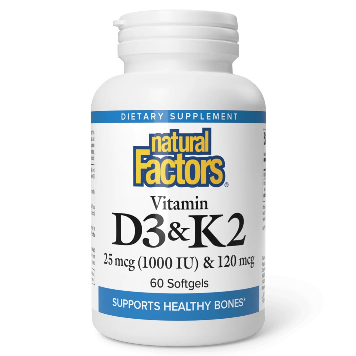 Natural Factors D3-K2, bouteille softgel sur étagère, soutien potentiel des os
