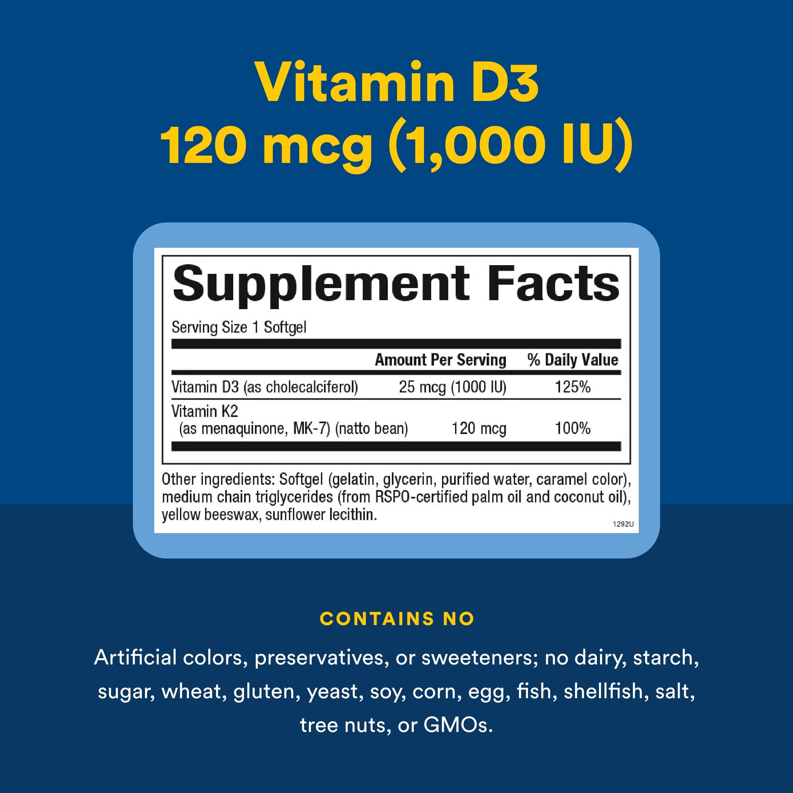 Tableau nutritionnel Natural Factors D3-K2, apports essentiels