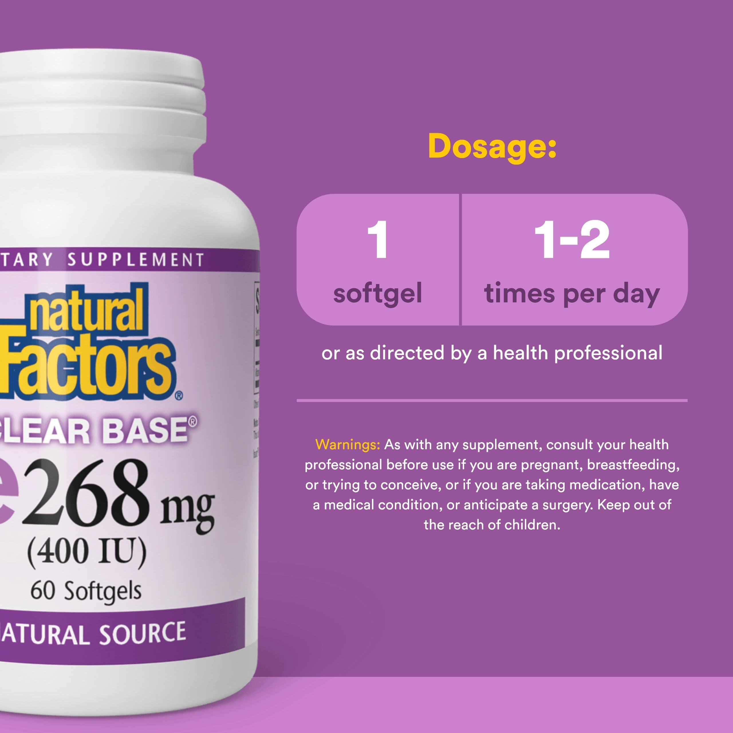 Étiquette Natural Factors vitamine E 400 UI, informations claires.
