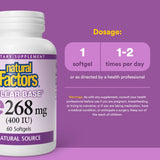 Étiquette Natural Factors vitamine E 400 UI, informations claires.