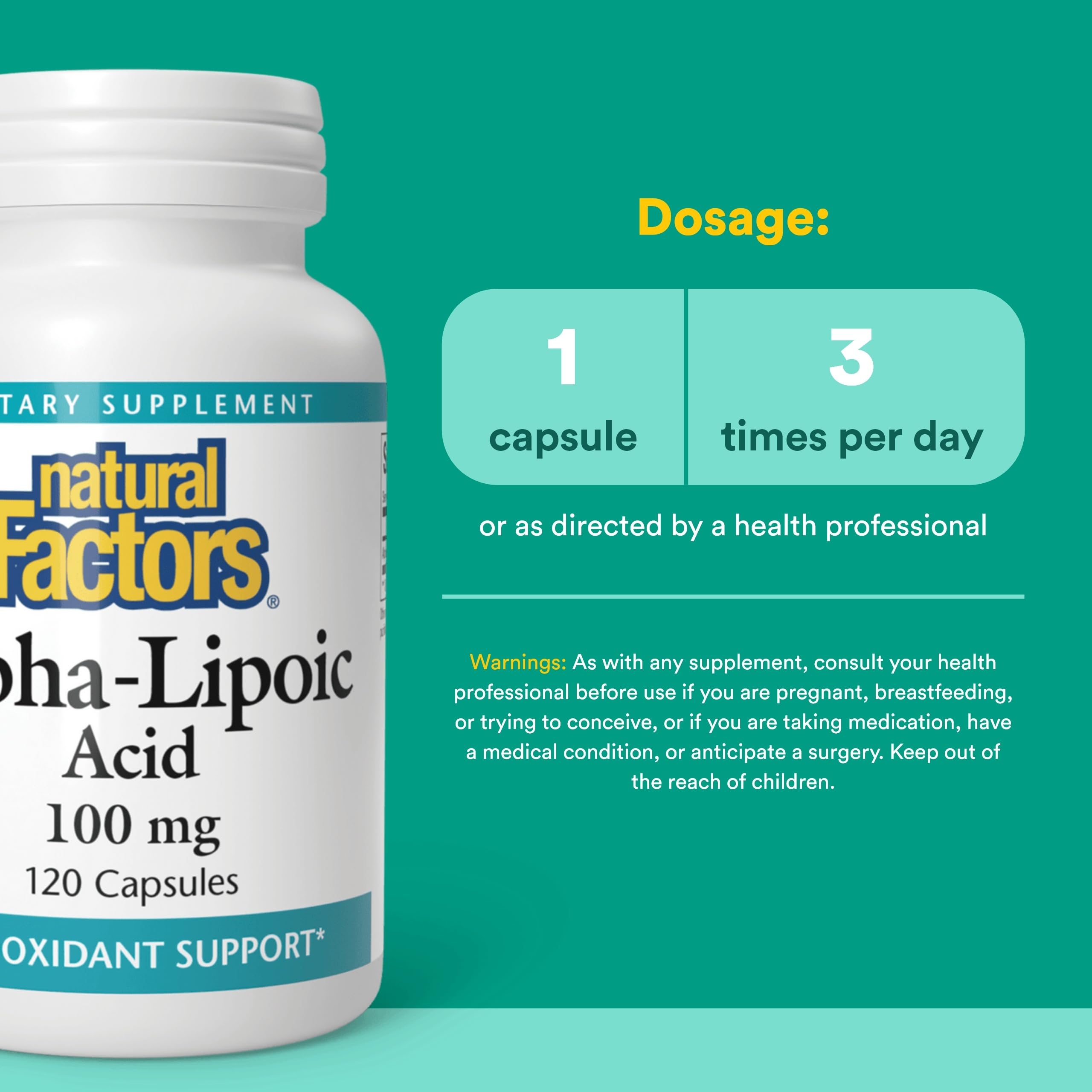 Natural Factors Acide Alpha-Lipoïque – étiquette détaillée, pureté et puissance garanties.