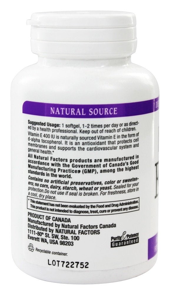 Natural Factors Etiquette Vitamine E 400 UI, emballage clair et traceabilite garantie.